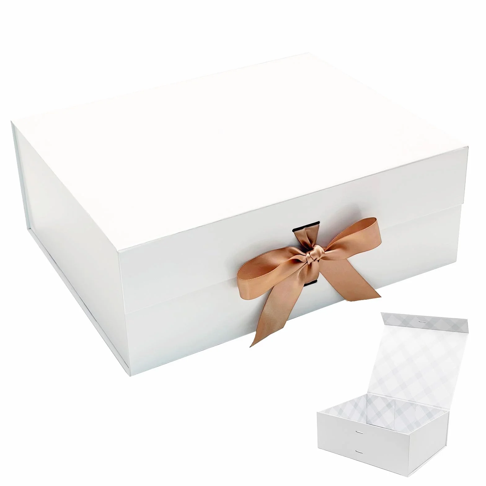 Tekhoho Caja de Regalos Grande Blanco 33.5x27x12.5 cm, Caja de Regalos Premium con Tapa MagnéTica y Cinta para Embalaje de Regalos de Bodas y CumpleañOs, Forro a Cuadros