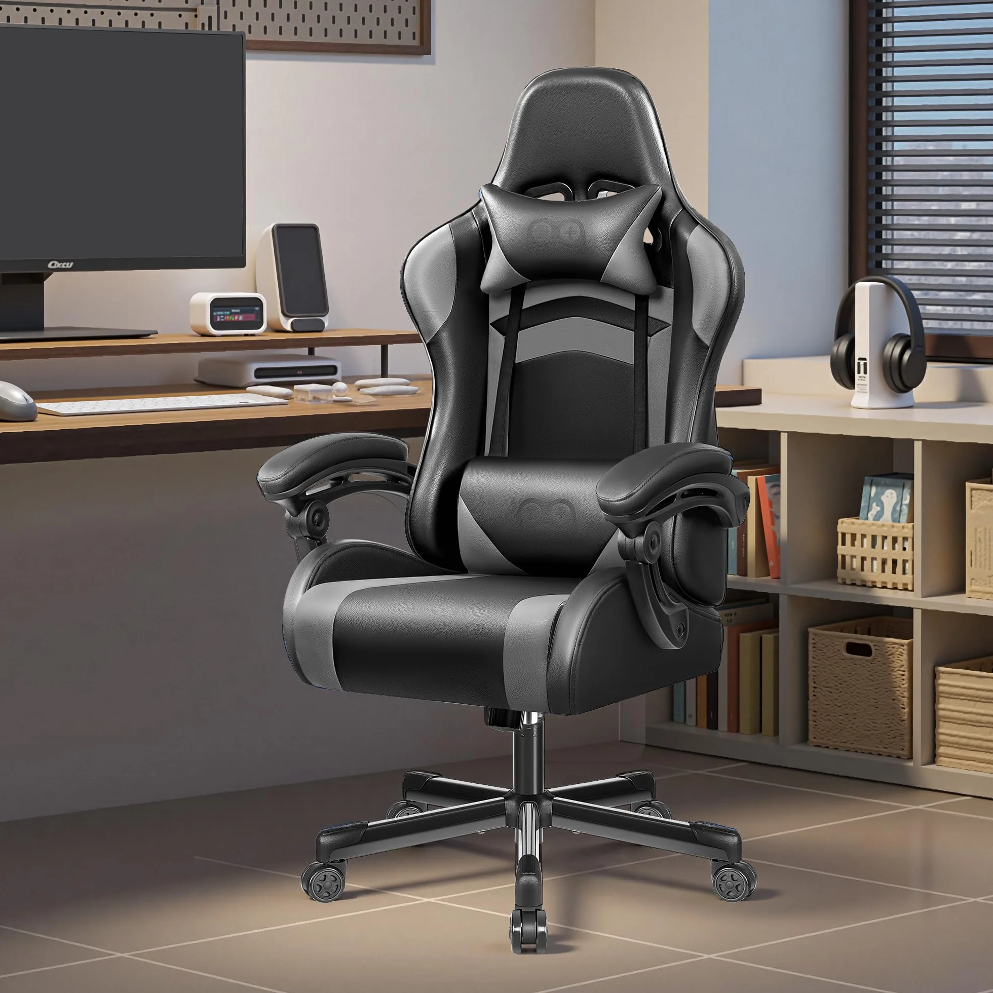 OneGame Silla Gaming, Silla ergonómica Gaming con Respaldo Ajustable Respaldo Alto Silla Gaming rotación 360º para Trabajar y Jugar, Negro Gris