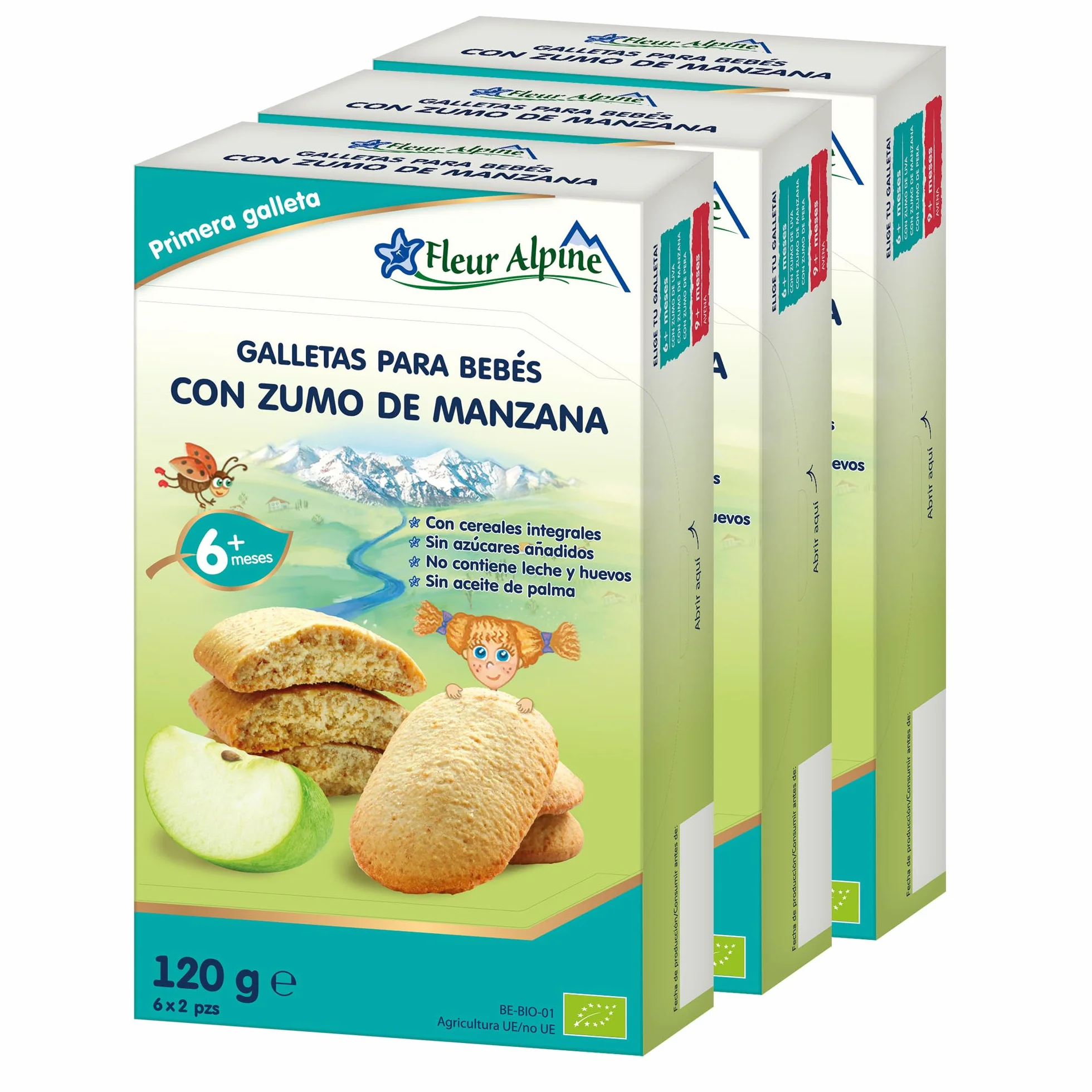 FLEUR ALPINE Galletas para Bebés con Jugo de Manzana 18x2 Bocadillos Orgánicos Sin Azúcar Añadida 6 meses