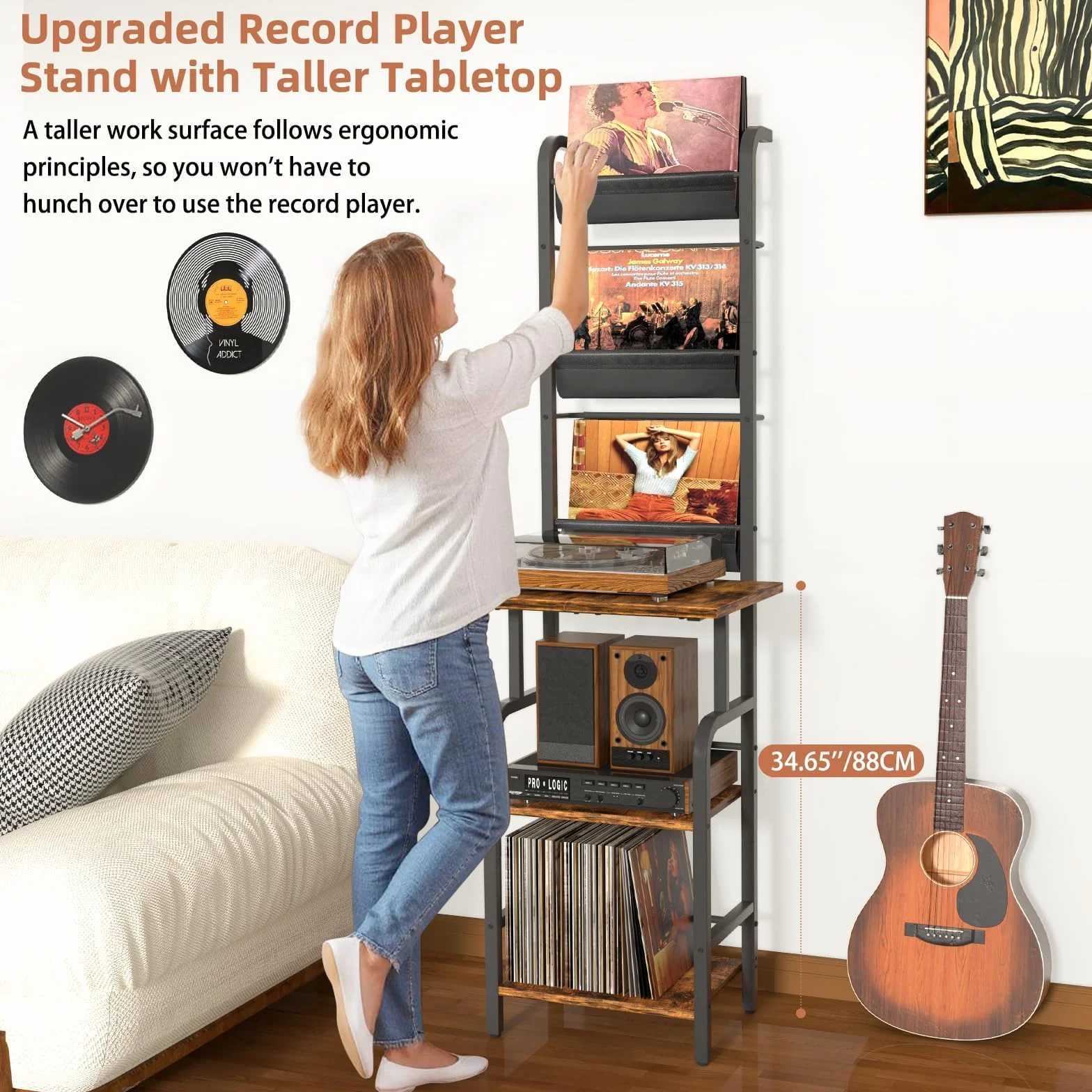 Bikoney Mueble Tocadiscos Alto con Almacenamiento para Vinilos – Estante para Tocadiscos con Soporte de Pared, Organizador para Hasta 200 Discos de Vinilo