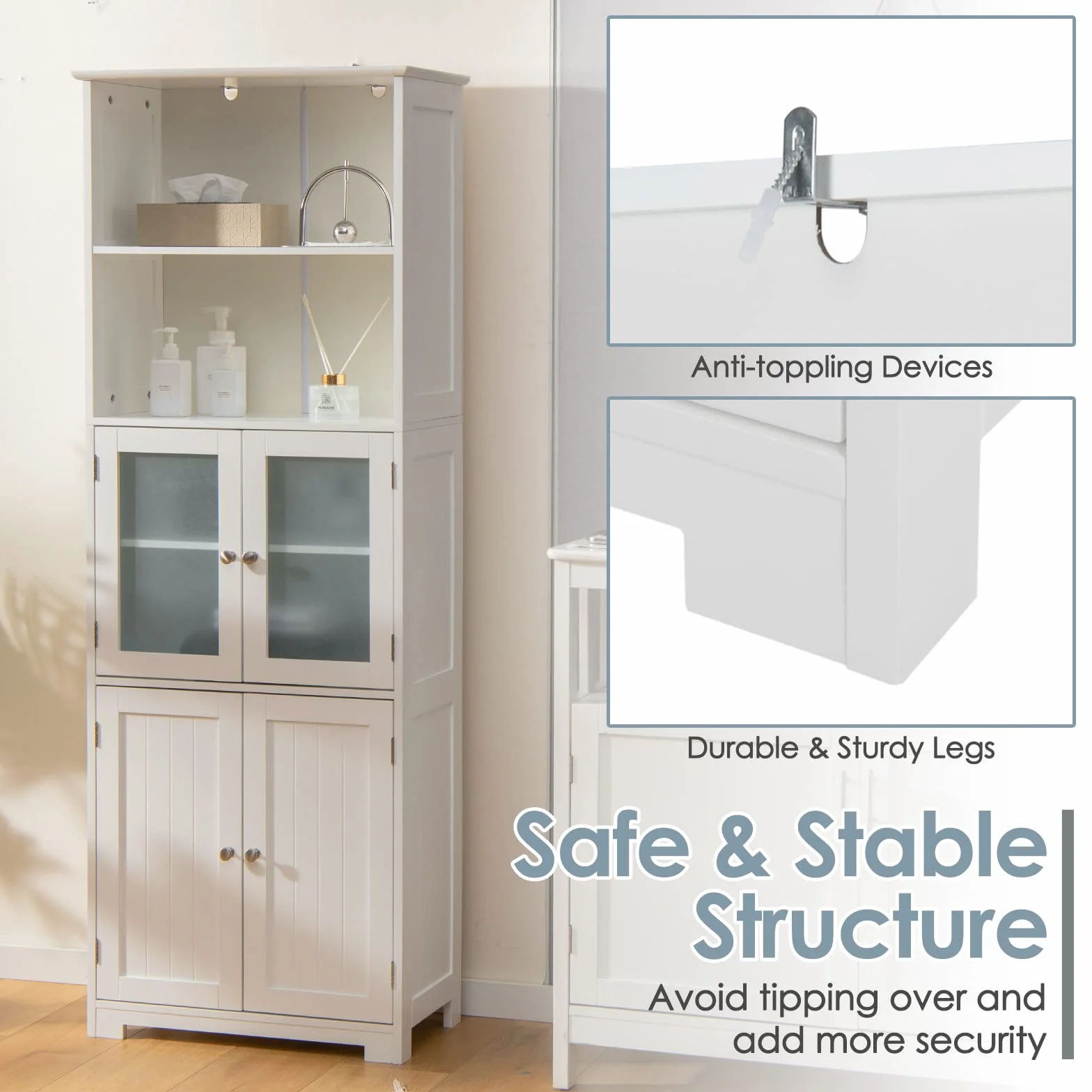 GIANTEX Armario de Almacenamiento Alto, Gabinete de Baño con Puerta & Estante Ajustable, Organizador Independiente de Suelo para Dormitorio, Cocina, Sala de Estar, Blanco,60 x 30 x 163 cm (Blanco)