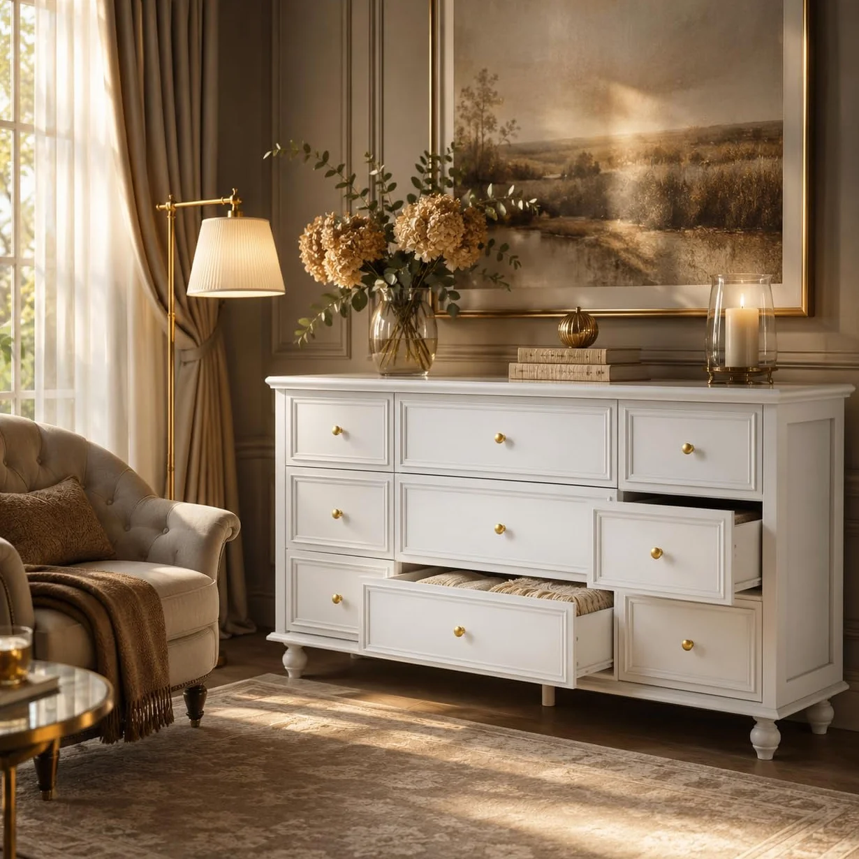 Aparador de sala de estar, cómoda con 9 cajones, mueble de almacenamiento versátil para pasillo, dormitorio y sala de estar, blanco, asas doradas, MDF, 160 × 40 × 80 cm