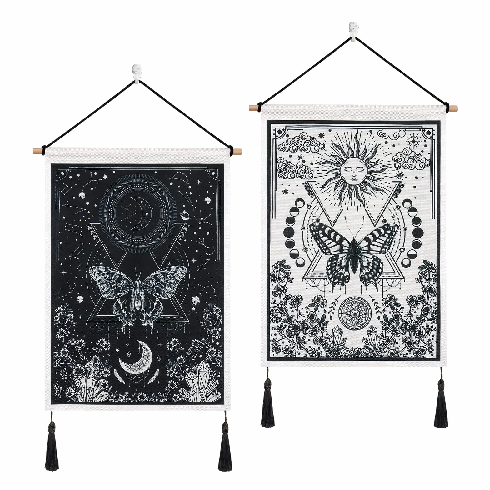 Betylifoy Paquete de 2 Tapices de Luna y Sol con Borlas Tarot para Colgar en la Pared Tapiz de Pancarta Tapiz Negro Decoración de Pared Bohemia para Dormitorio Sala de Estar (Eclipse lunar)