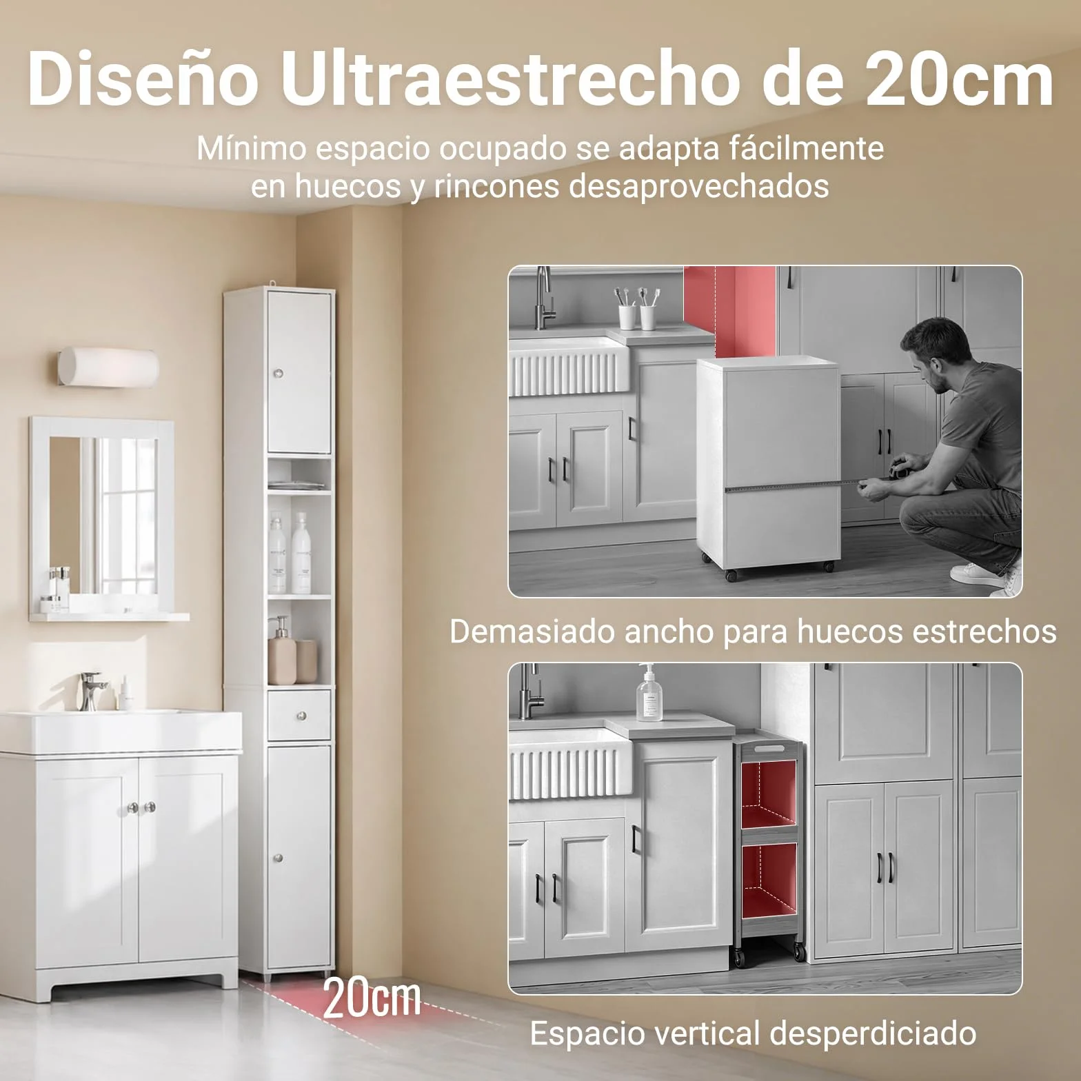 SoBuy Mueble Baño Estrecho Alto Armario Columna Auxiliar Almacenaje con Estantes Regulables Cajón 20x20x180cm BZR34-II-W