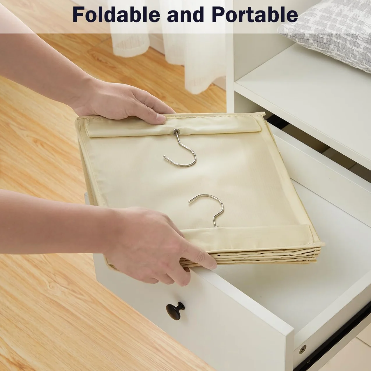 YOUDENOVA Oxford Organizador colgante 6 estantes ganchos metal duraderos armario bambú plegable beige