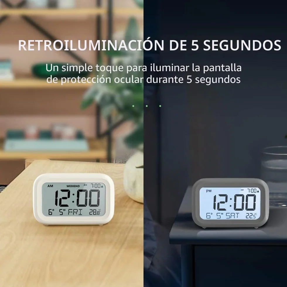 Doomay Despertador Digital de Mesita de Noche Reloj con Batería Pantalla LCD Volumen Ajustable Modo Fin de Semana Dormitorio Escritorio Viajes D-White