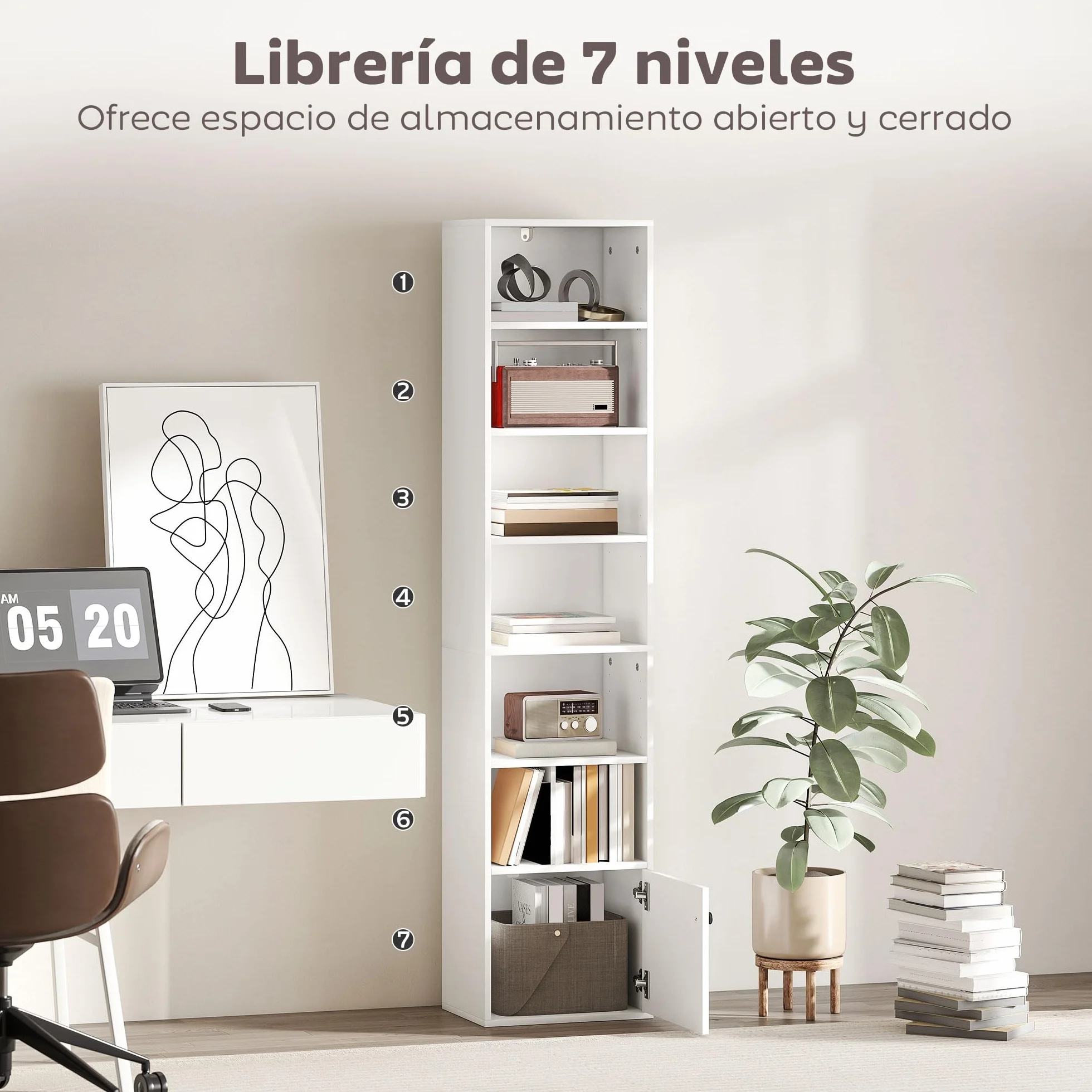 HOMCOM Librería de 7 Niveles, Estantería para Libros con Estantes Ajustables y Puerta, Estantería Moderna, 40x30x180 cm, para Salón, Dormitorio, Estudio, Oficina, Blanco