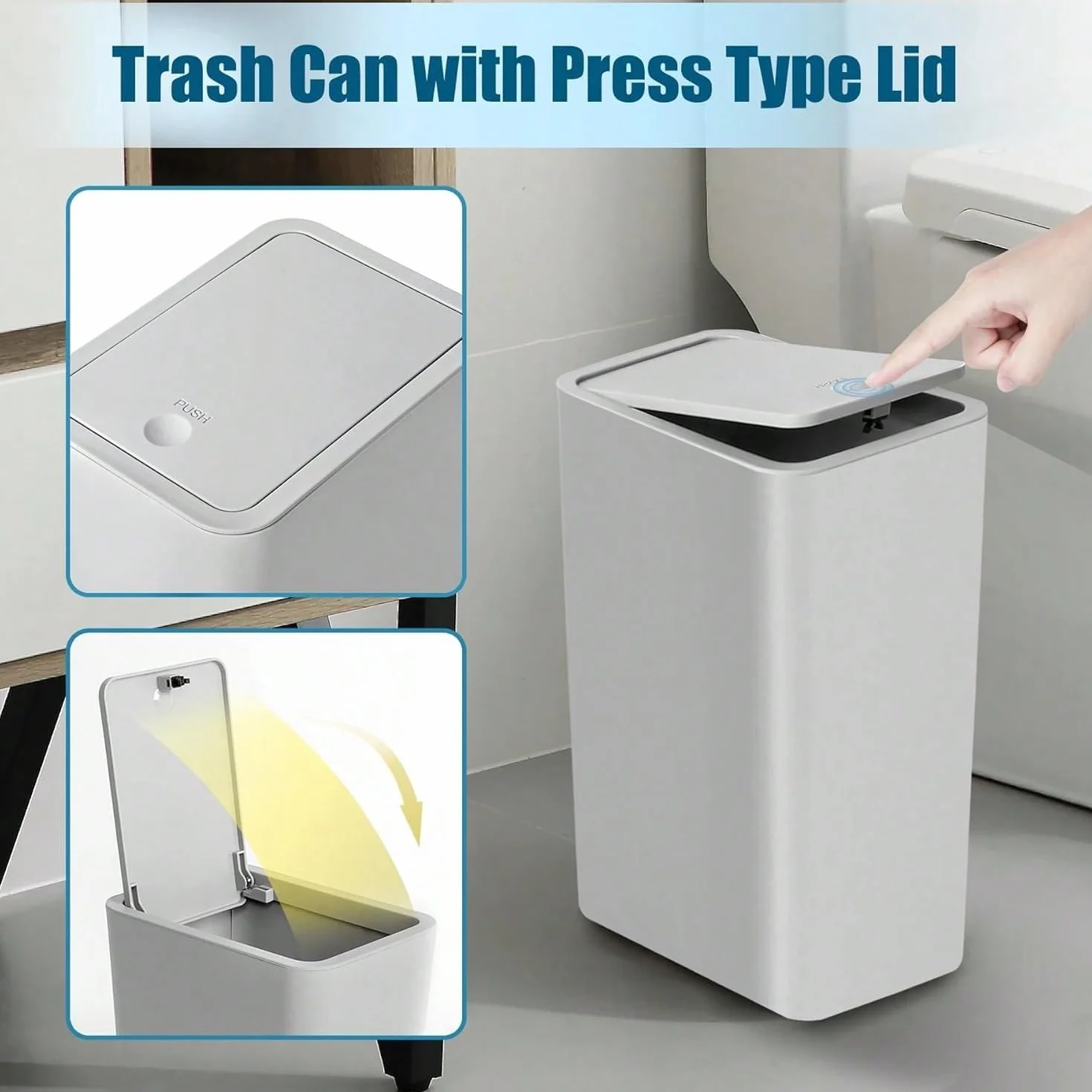 Cubo de Basura con Tapa a Presión 10 L Plástico para Cocina Baño Oficina (Gris)