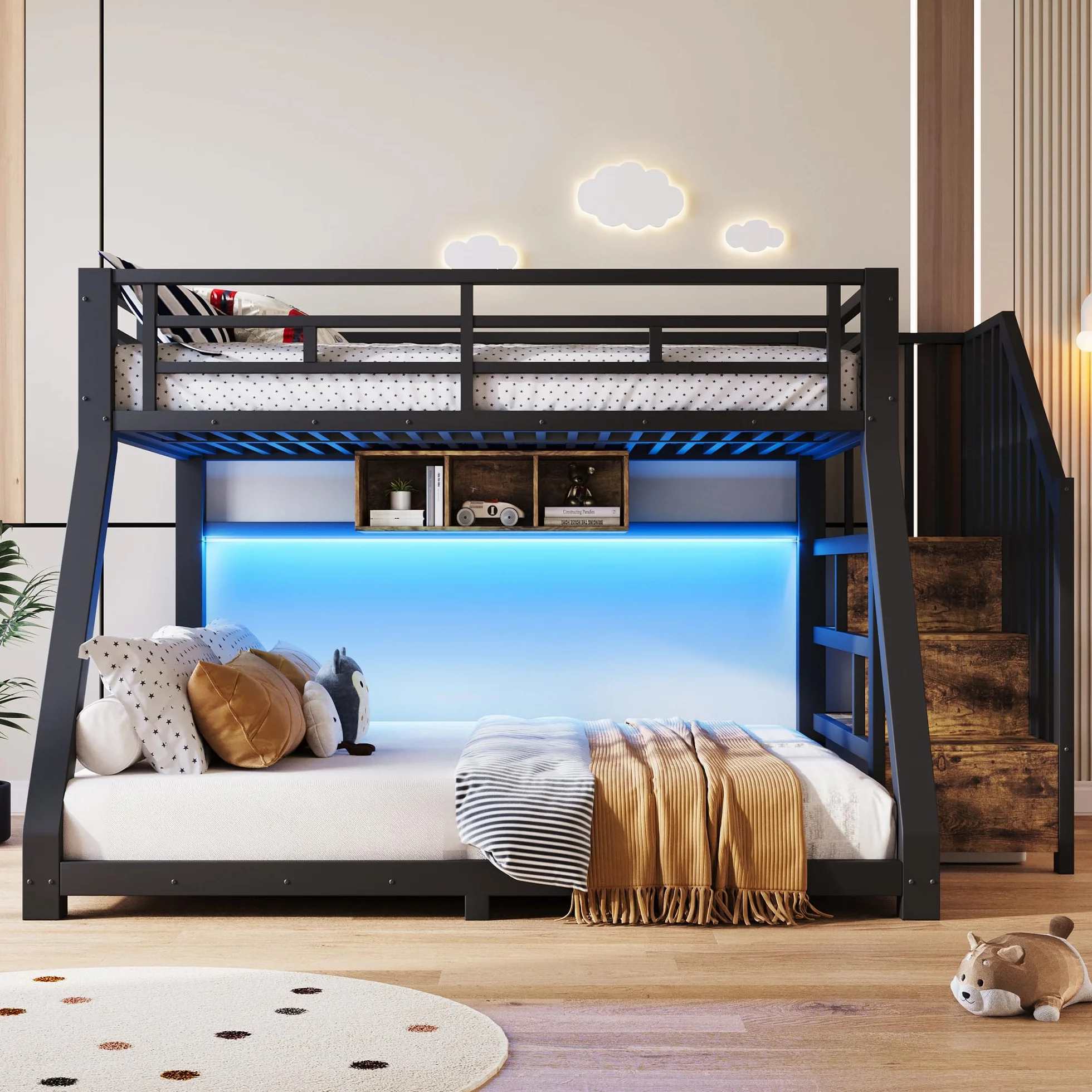 Litera, 90 x 200 cm, 140 x 200 cm, con tiras de luz LED, tres compartimentos de almacenamiento, construcción de escaleras con espacio de almacenamiento, barandilla, escalón, certificado
