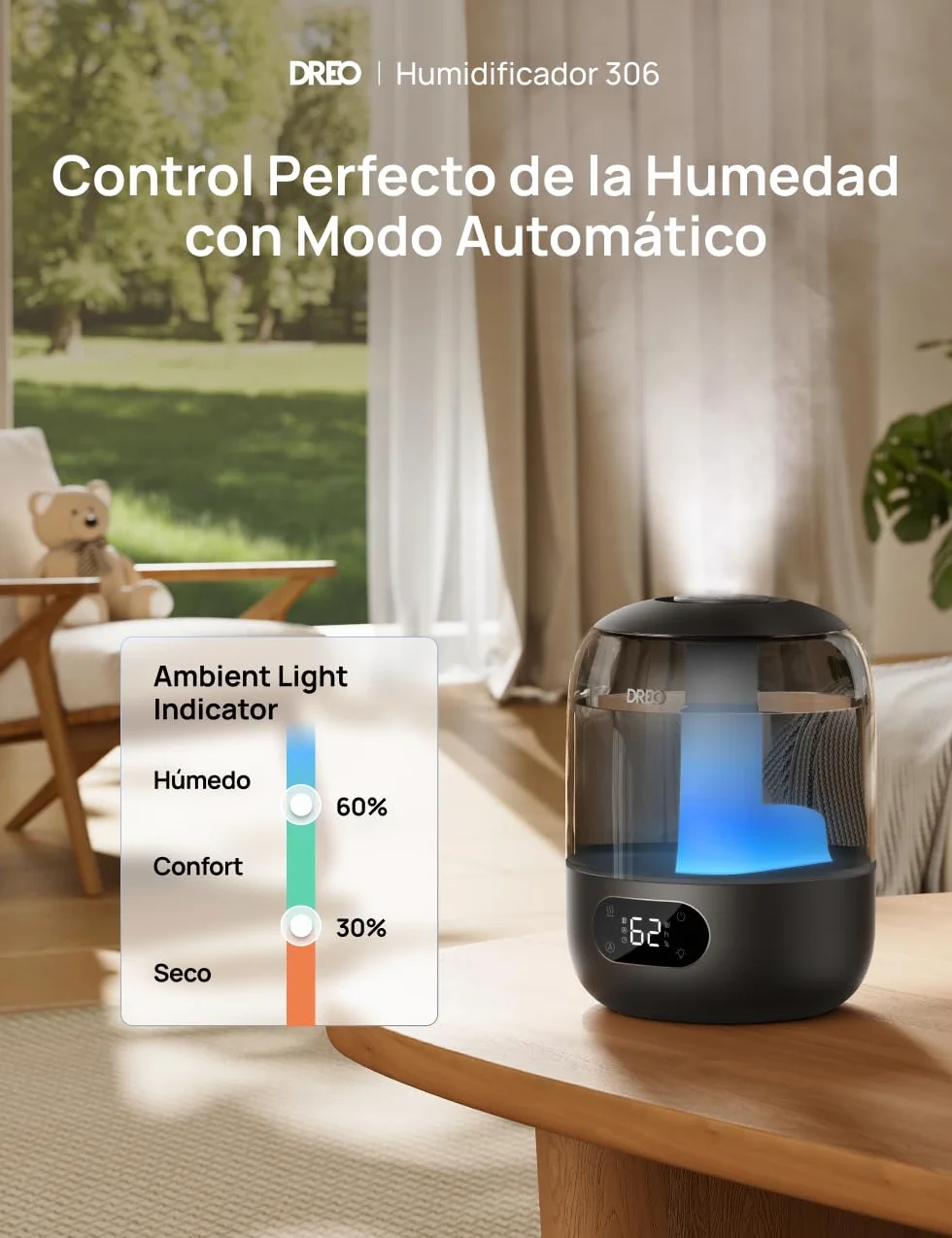 DREO Humidificador Ultrasónico 3L 26dB Silencioso con Sensor de Humedad, Niebla Fría, 30h, Boquilla 360°, Negro