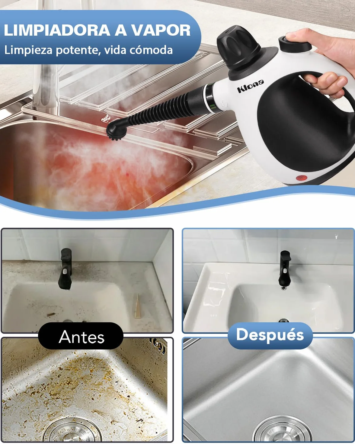 KLONA Limpiador a vapor de mano multiusos con 10 accesorios para alfombras, cortinas, sofás
