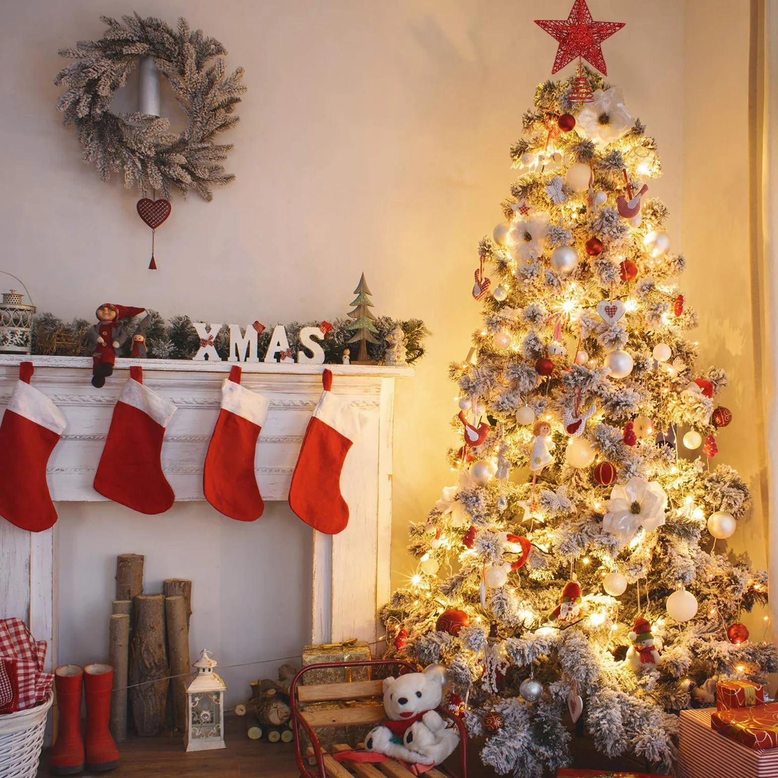 Decoración de metal rojo para árbol de Navidad con purpurina para árbol de Navidad, decoración del hogar