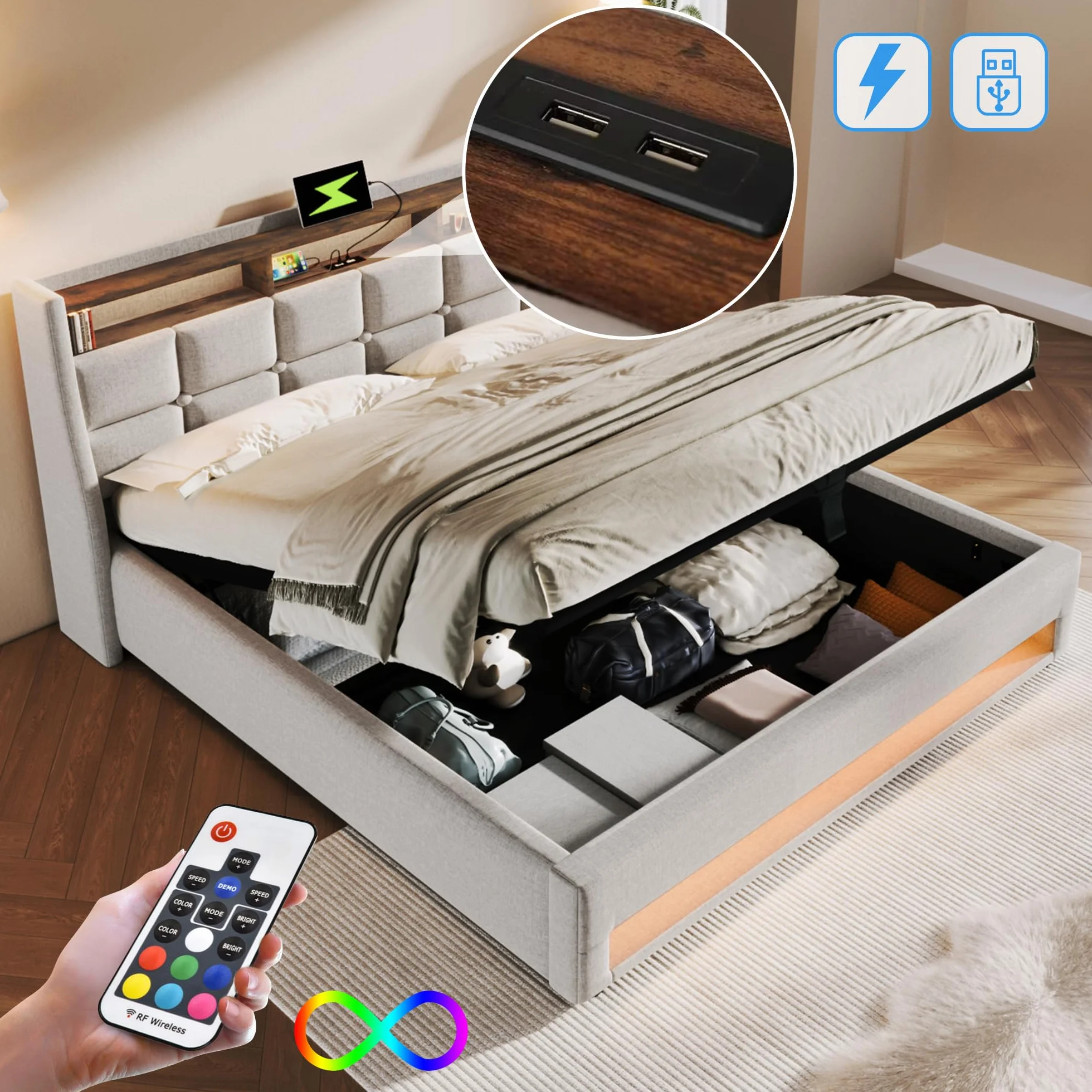 Cama 140x200 cm Cama Matrimonio, Cama Juvenil con Cabecero LED y Carga USB, Camas Matrimoniales con Almacenaje Hidráulico, Estructura Cama Doble con Lamas de Madera, Lino Beige, Sin Colchón