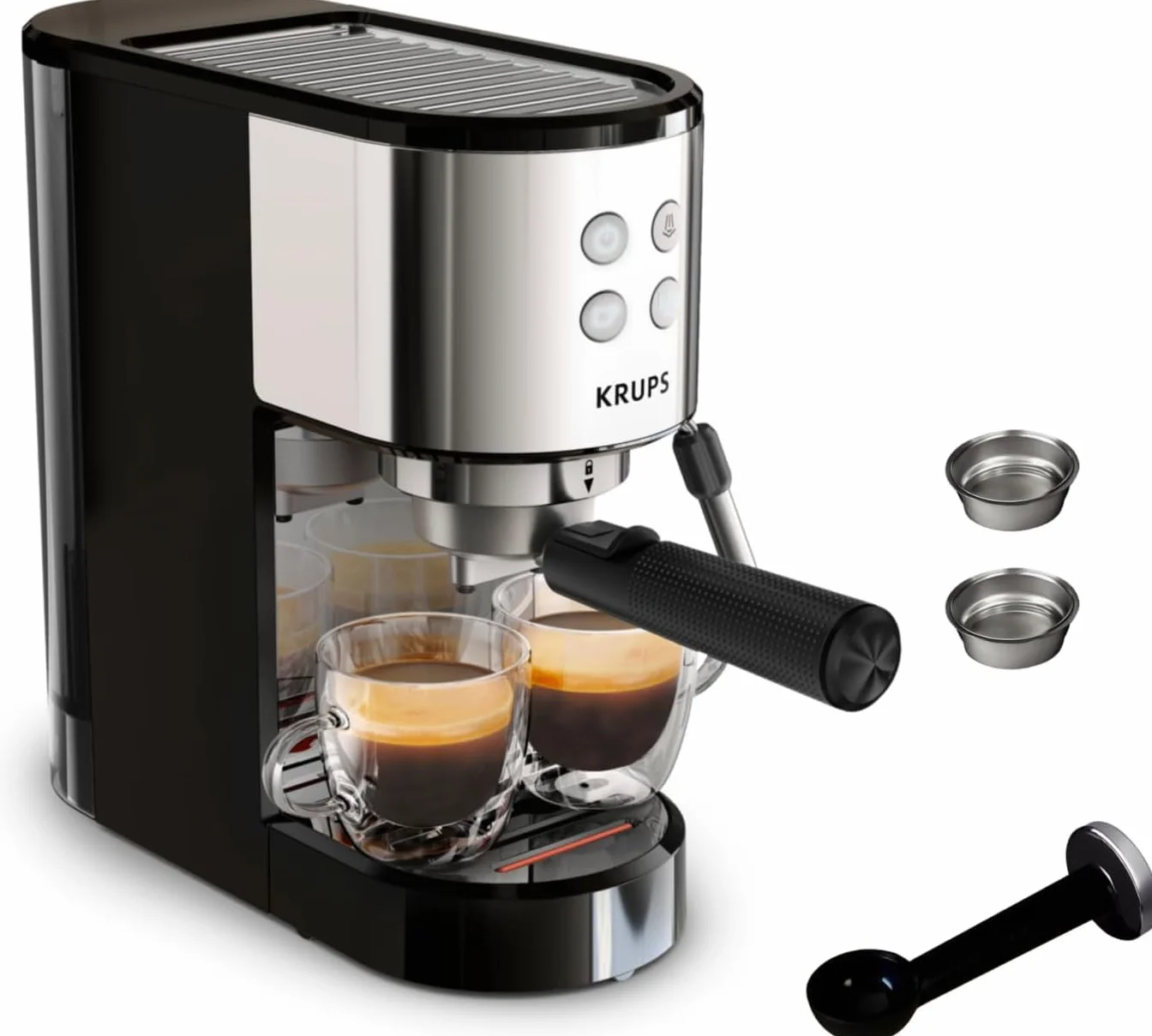 Krups Virtuoso Essential - Cafetera espresso 15 bar, acero inox negro, diseño compacto y elegante, parada automática, espresso y cappuccino, Thermoblock, boquilla de vapor, incluye cuchara, XP4418