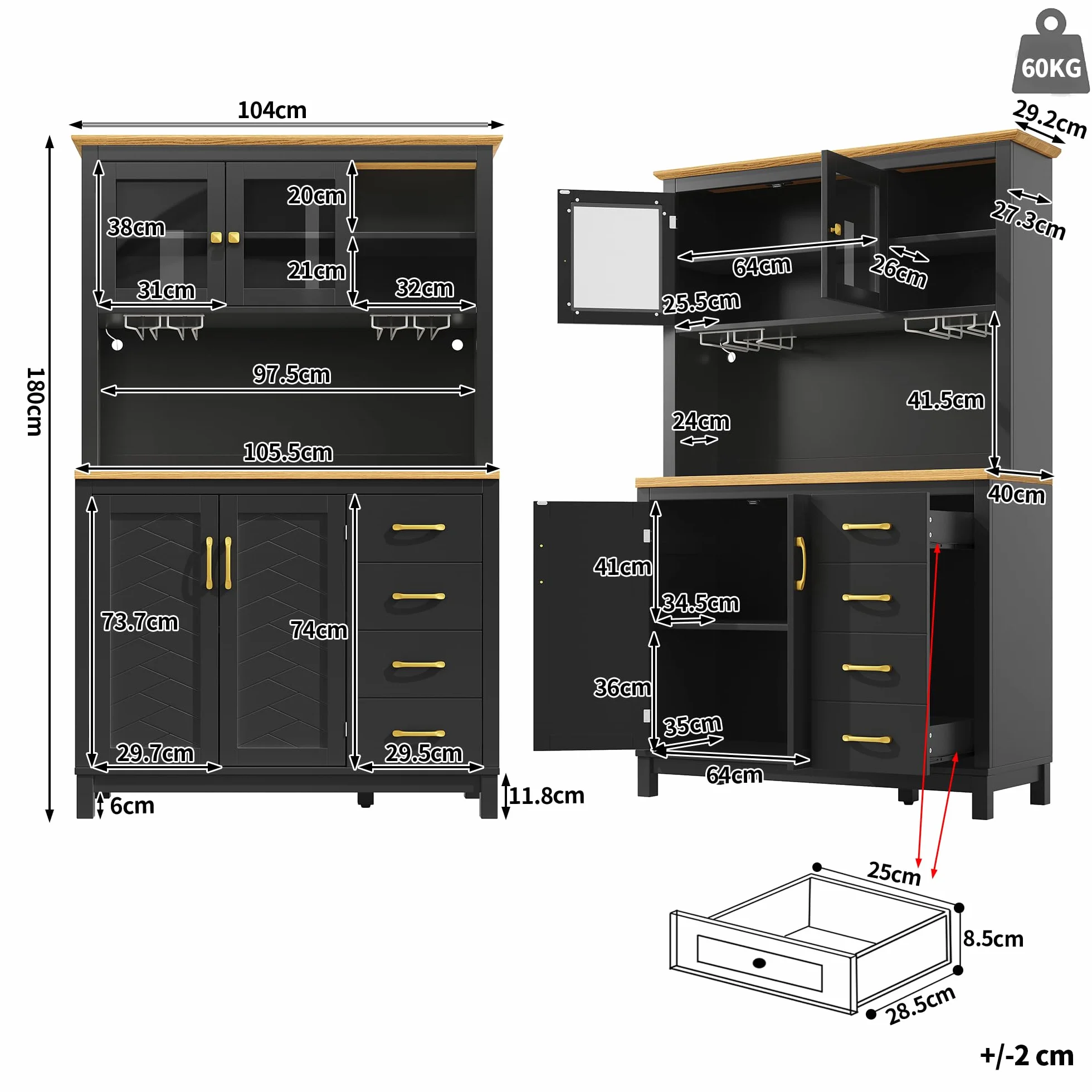 Armario Cocina Alto con Luz LED y Almacenaje, Aparador Cocina con Cajón y 4 Puertas, Mueble Aparadores Alacena de Cocina Despensa con Portavasos y Dispositivo Antivuelco, 105.5x40x180 cm, Negro