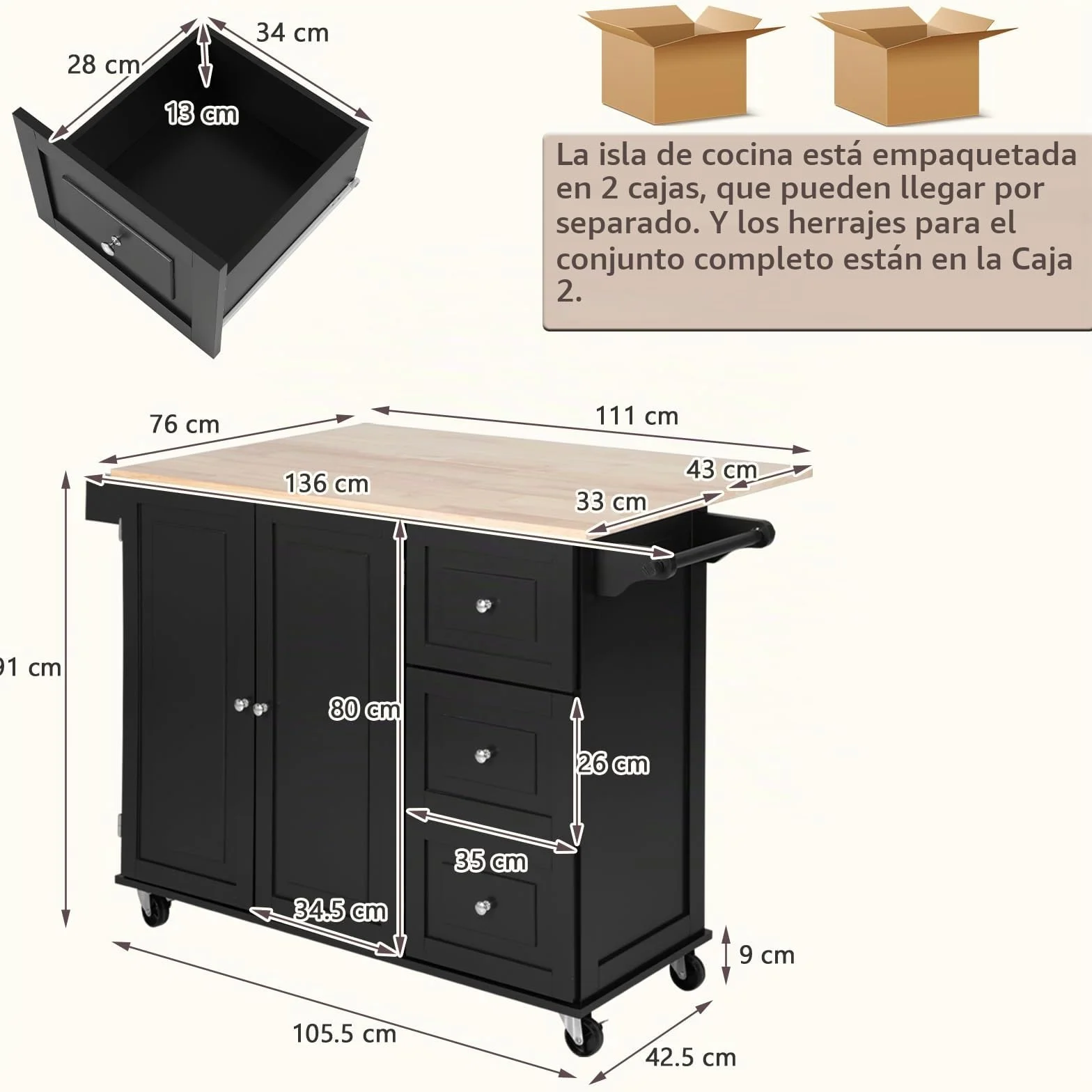 KOMFOTTEU Carro de Cocina con Encimera Plegable, Isla de Cocina con Ruedas, Carro de Servicio con Armario con Puertas y 3 Cajones, Mueble de Almacenamiento con Estantes Ajustables (Negro)