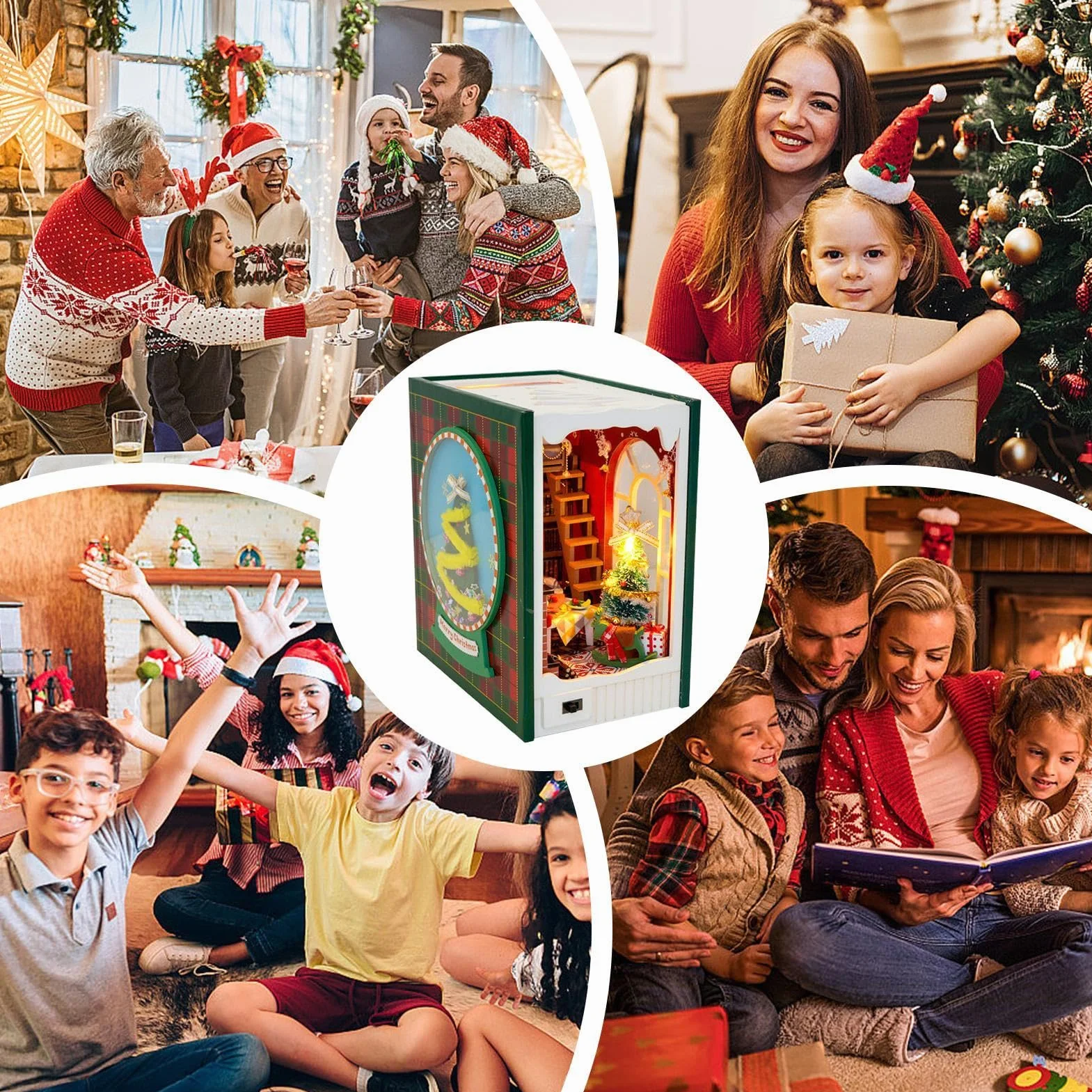 Kit de esquina de libro - Decoración de casa de Navidad, kit de decoración de estantes | Kit de construcción de casa en miniatura de madera, kit de sujetalibros miniatura decorativos, kit de casa en