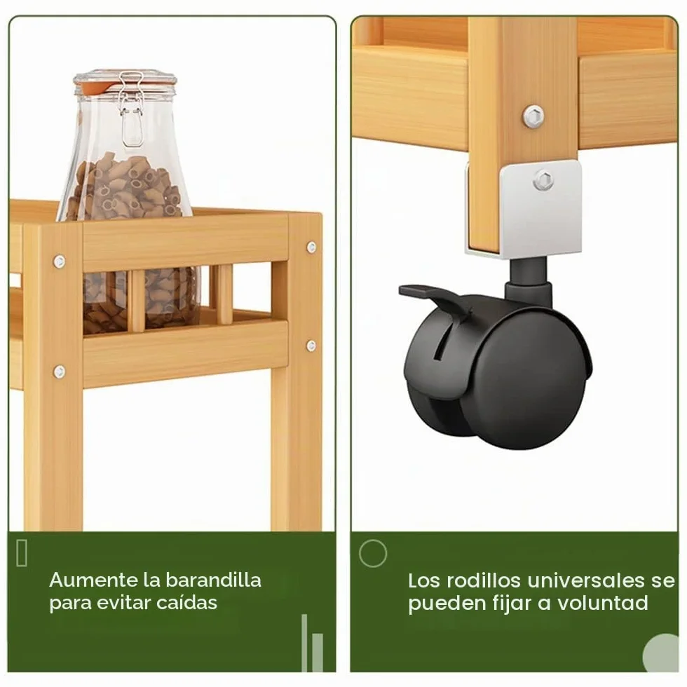 Carro Auxiliar con Ruedas de bambú, Carro de Servicio 4 niveles de Bambú, Carro isla de cocina con ruedas carro de servicio Carros de almacenamiento (50 X 18 X 96cm)