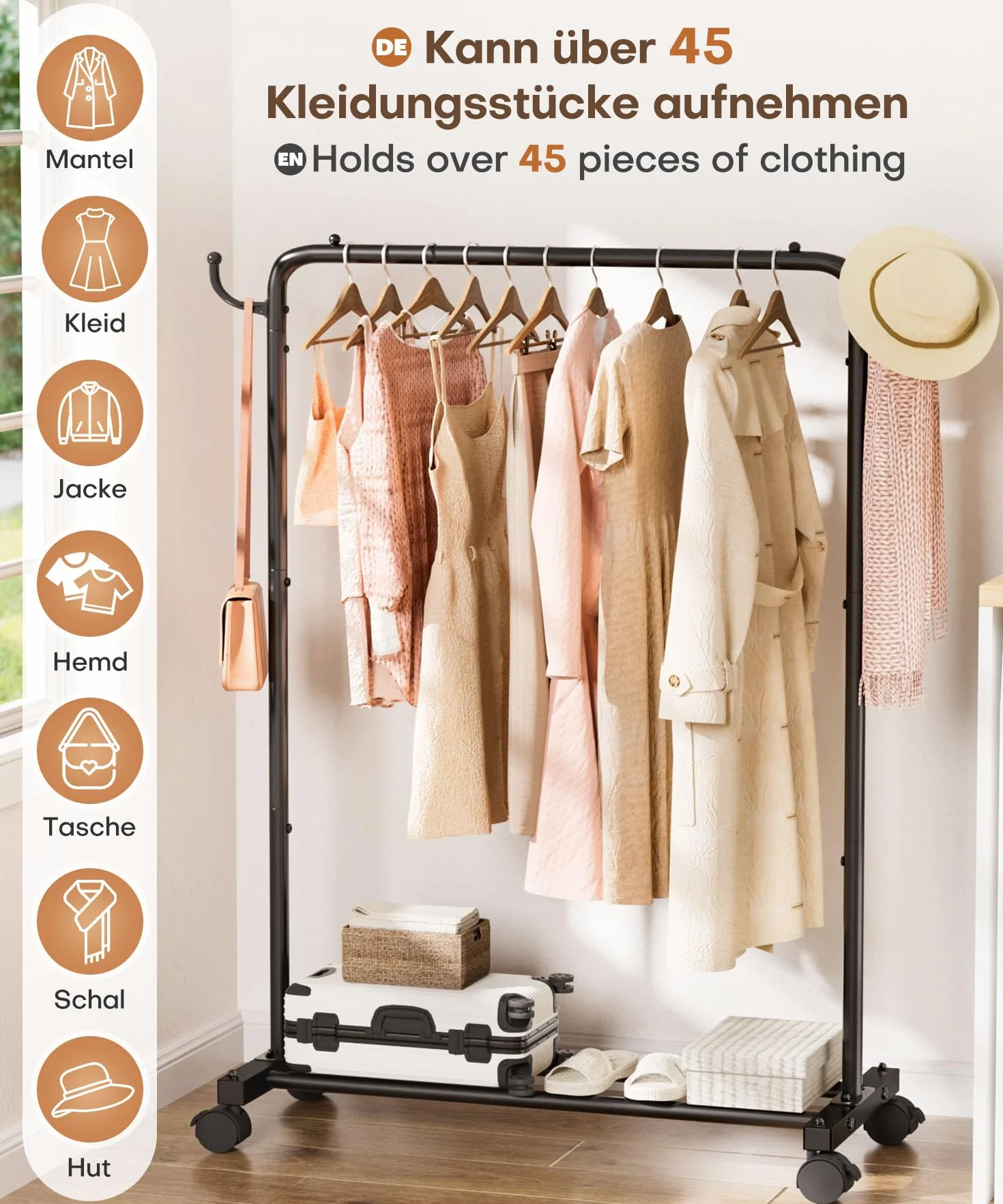 YORBAY Perchero Burro con Ruedas de Metal 81 cm Organizador de Ropa para Dormitorio Lavadero Tienda