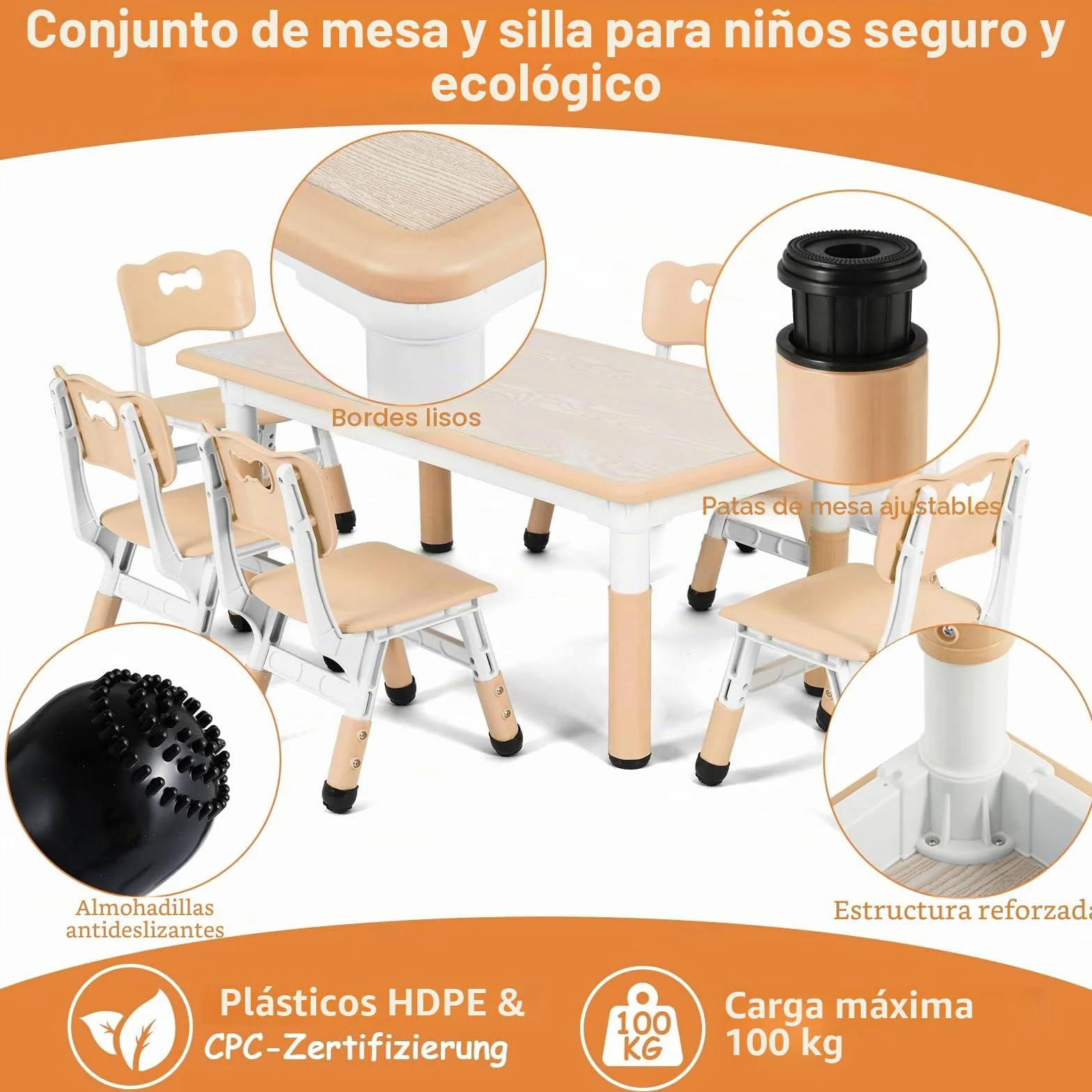Mesa niños Infantil con 6 Sillas, Grupo de Mesa Infantil en Altura Ajustable, Juego de Sillas para Jardín de Infantes y Habitación, Grupo de Asientos para Niños y Niñas a Partir de 2 Años, Amarillo