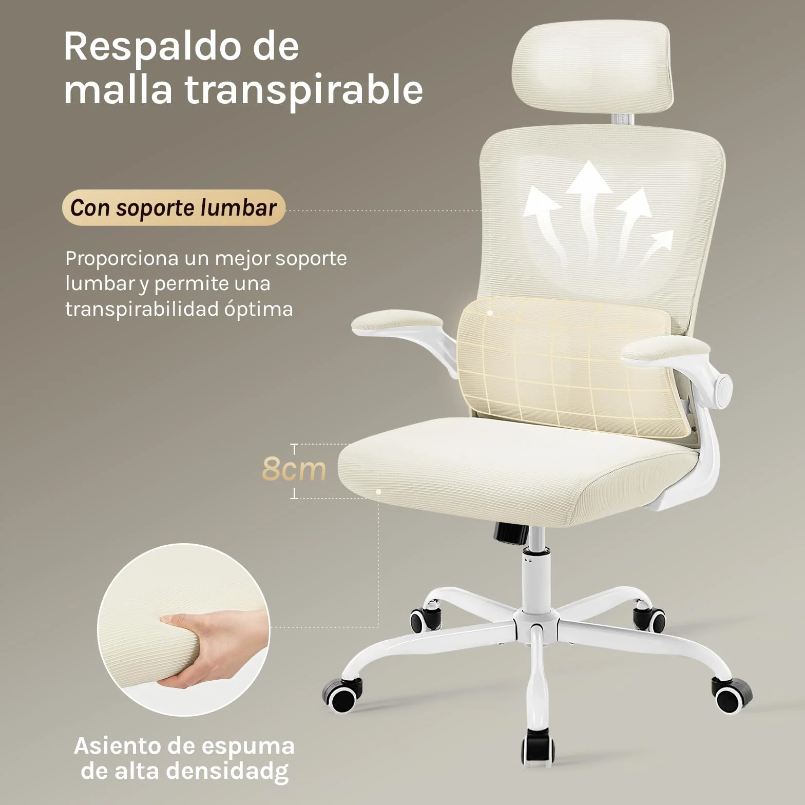 WOLTU Silla Oficina Ergonómica, Sillas Escritorio con Reposabrazos, Reposcabezas y Soporte Lumbar, Respaldo Inclinable de Tela Malla, Beige