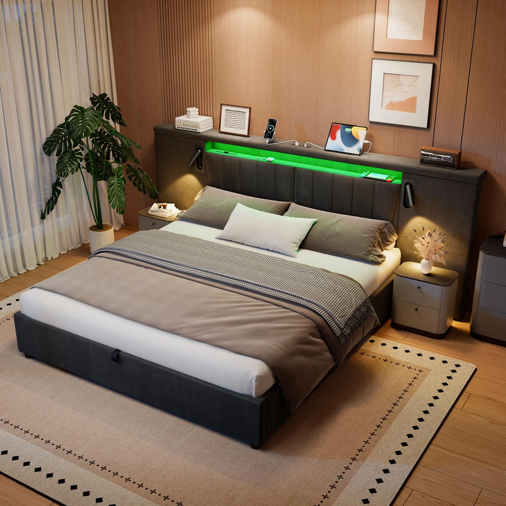 Cama 180x200 con LED y USB, Camas Matrimoniales con Almacenaje, Cama Matrimonio con lámpara de Lectura, Cama Canape con Cabecero, Estructura Cama Doble con Somier, Sin Colchón,Terciopelo (Gris)