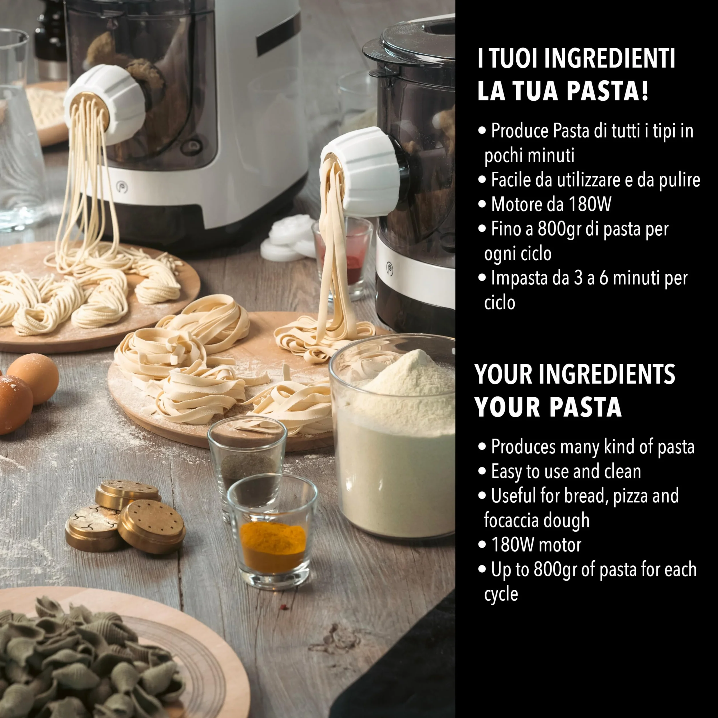PASTAIO | Máquina de Pasta Fresca de Doble Extrusión. Pasta Maker, hasta 800 g de pasta, pesaje automático, 11 estirado incluido para 15 tipos de pasta, 180 W
