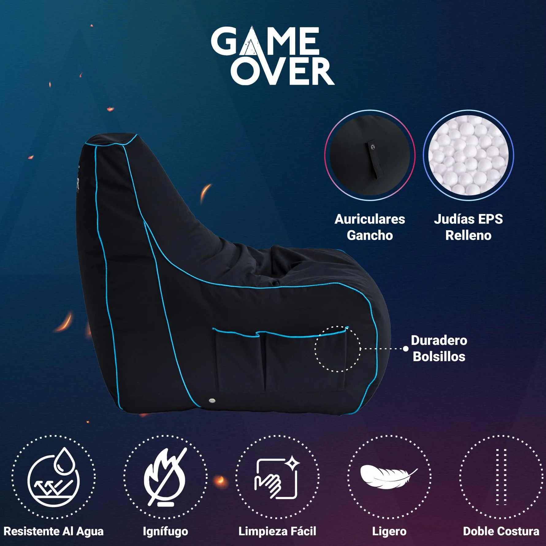 Game Over Crepúsculo Princesa Puff Pera para Video Juegos | Sala Interior | con Bolsillos Laterales para Controles | Soporte para Auriculares | Diseño Ergonómico (Hoja del Lich)
