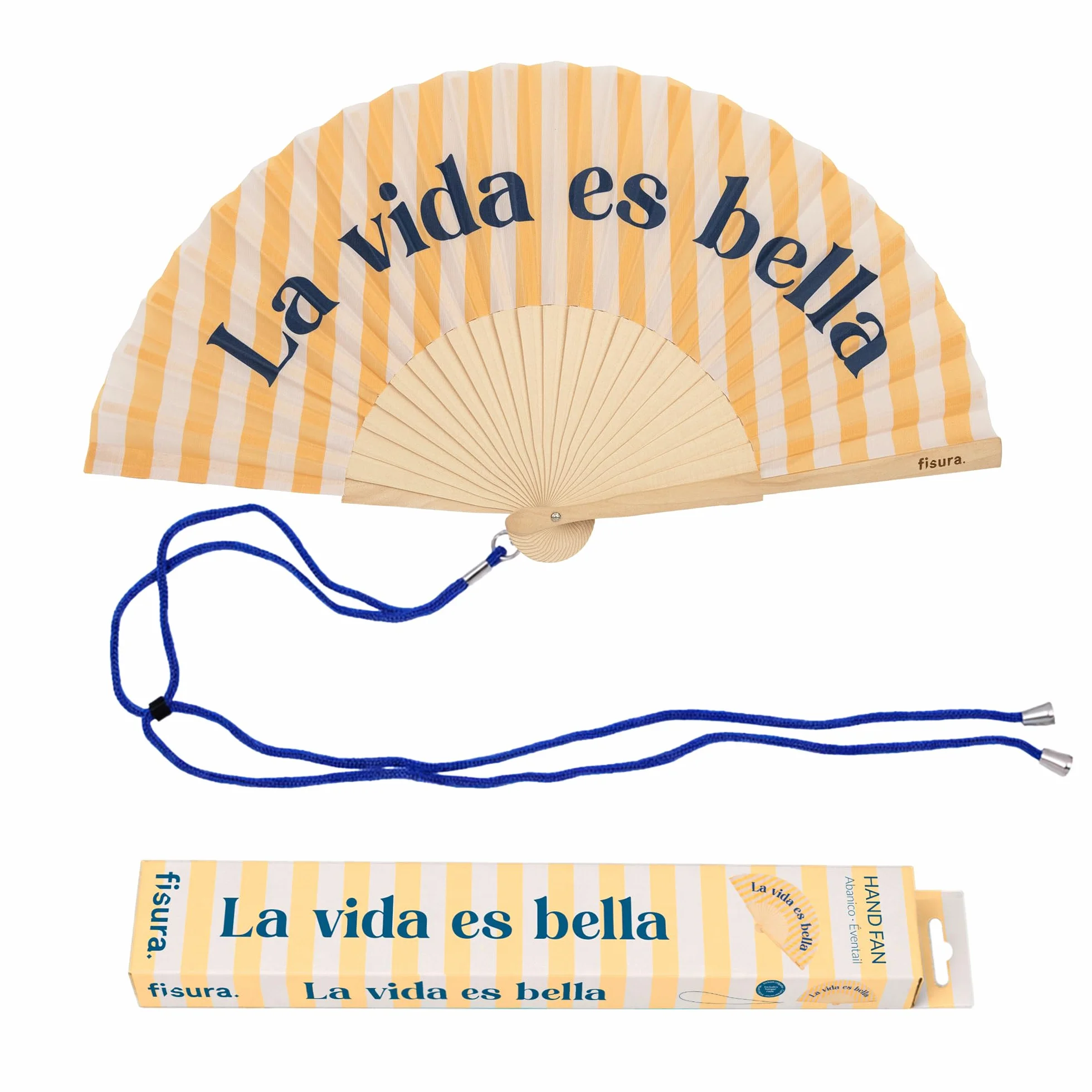 Abanico Original Fisura La Vida es Bella Madera Moderno Colorido Ventilador de Mano Amarillo Rayas 42,5 x 23 cm