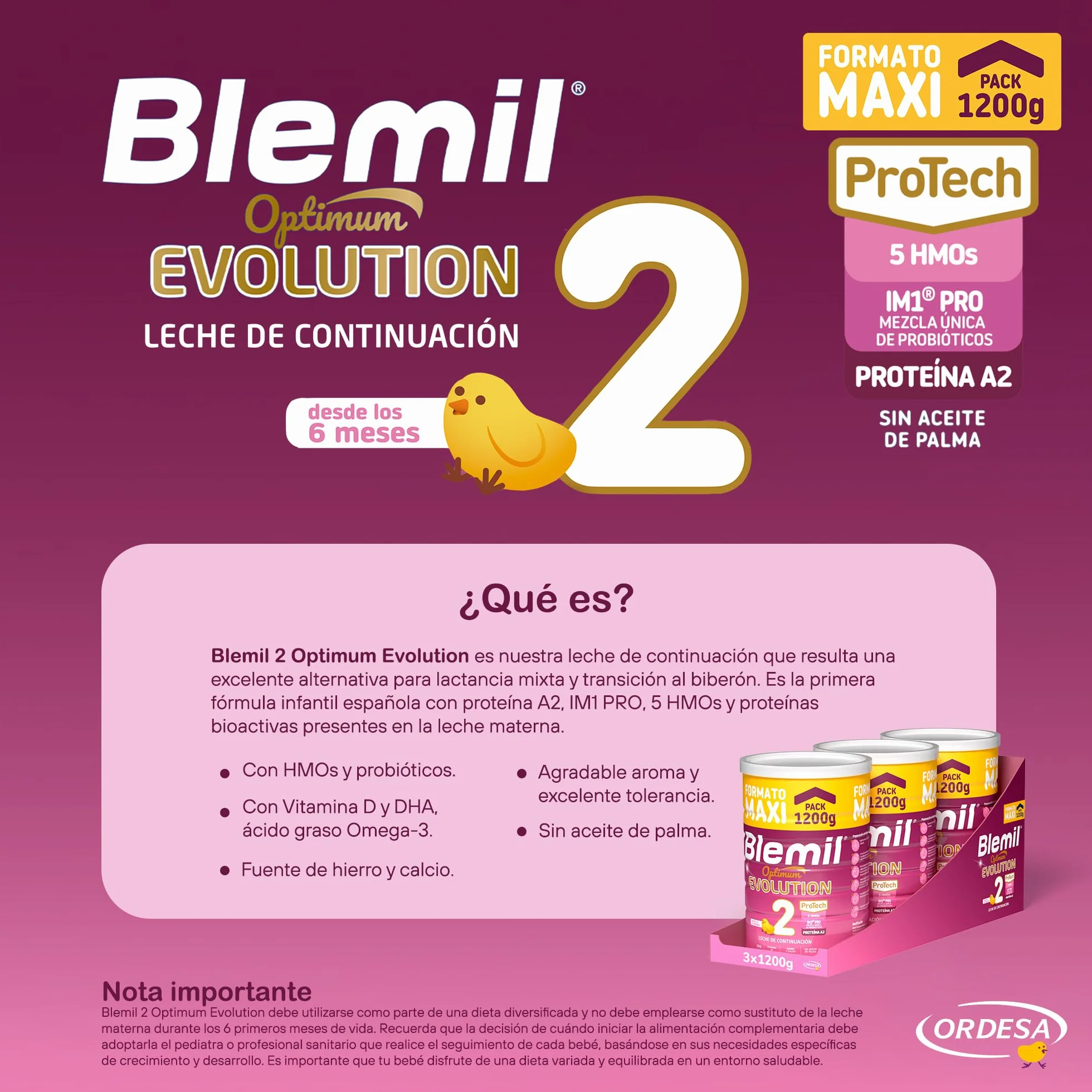 Blemil 2 Optimum Evolution 3PACK Leche de Continuación en polvo para Bebé 6 Meses 1200g