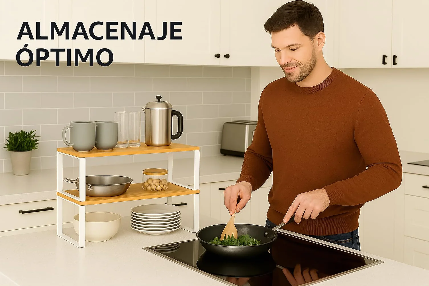 Estante de Cocina Organizador, Juego de 2, Soporte Apilable de Armario y Encimera, Estantería de Almacenamiento de Metal y Madera Técnica, Blanco