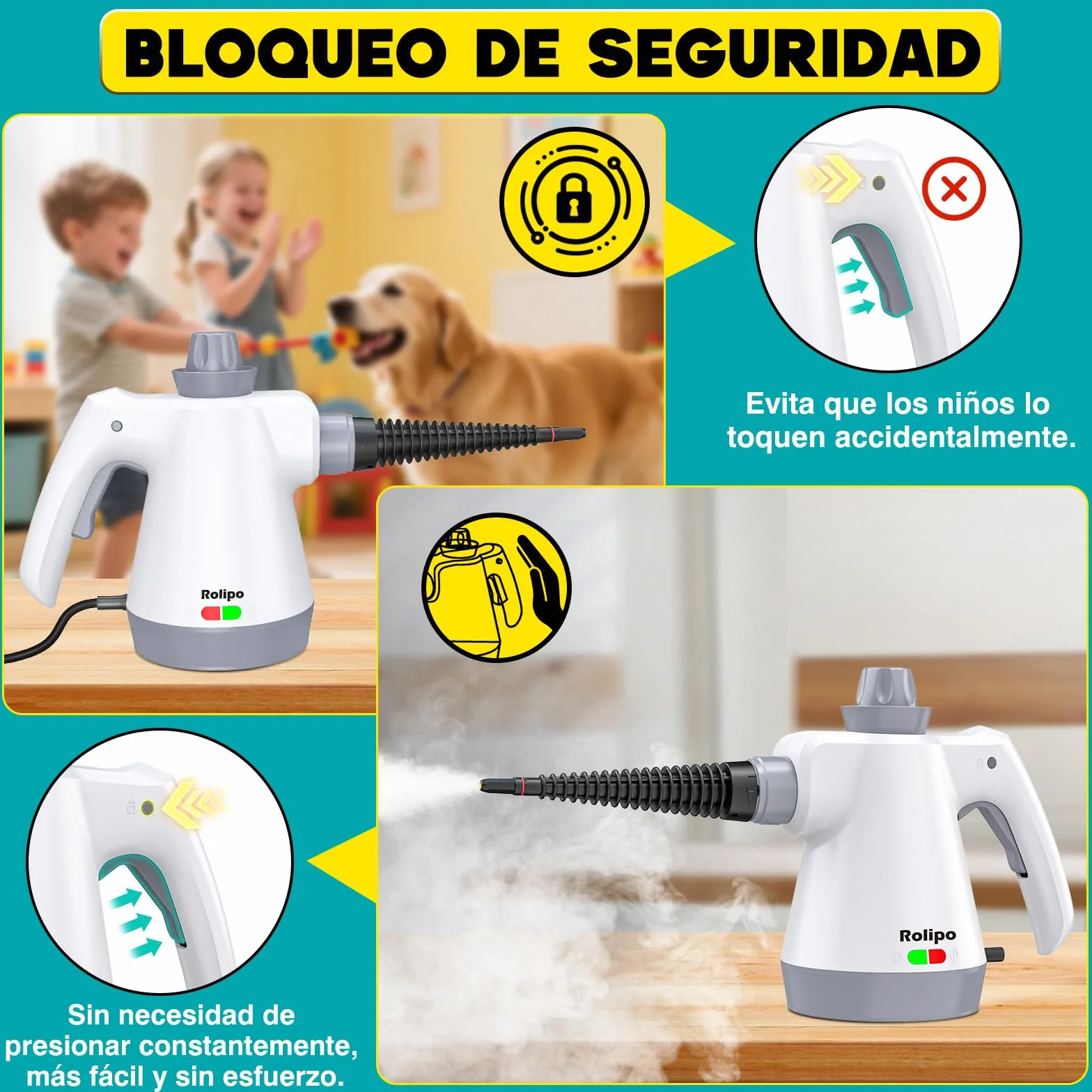Rolipo Limpiador a Vapor Portátil 12 Accesorios Cierre de Seguridad Pistola Multifuncional