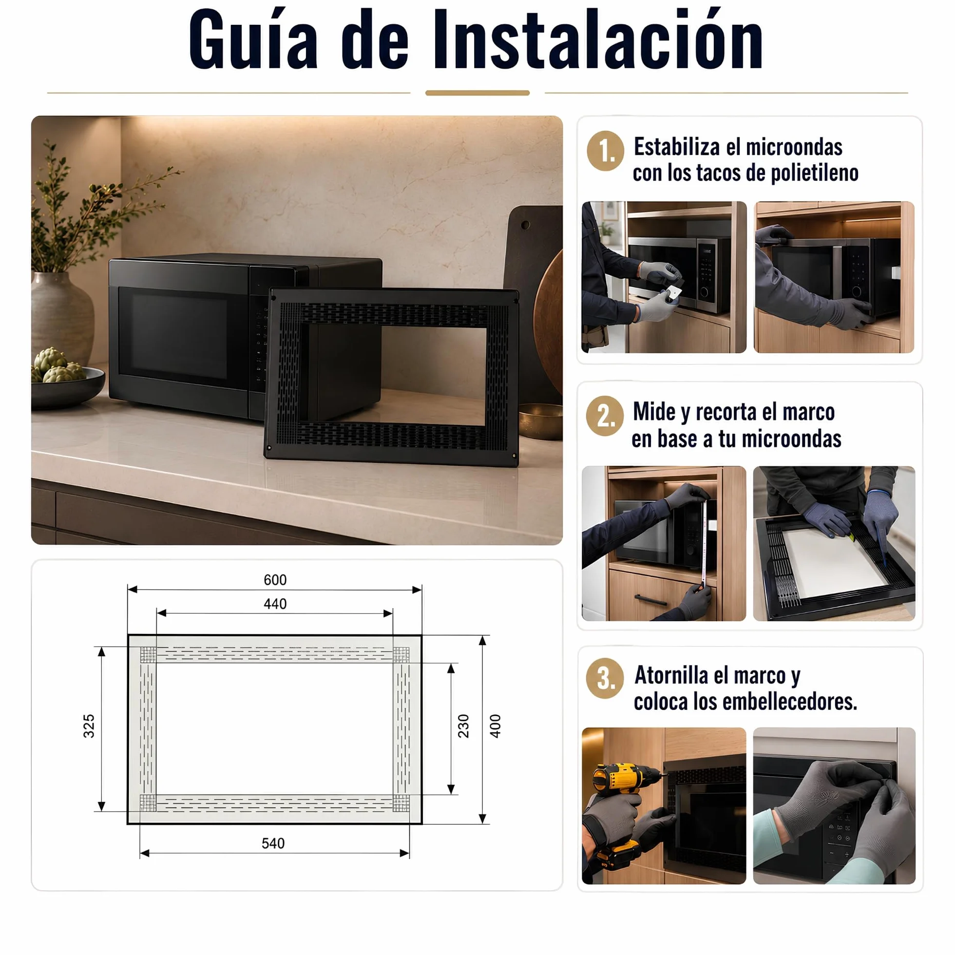 Embellecedor Microondas 60x40cm Marco Tapa Negro Incluye Tornillos