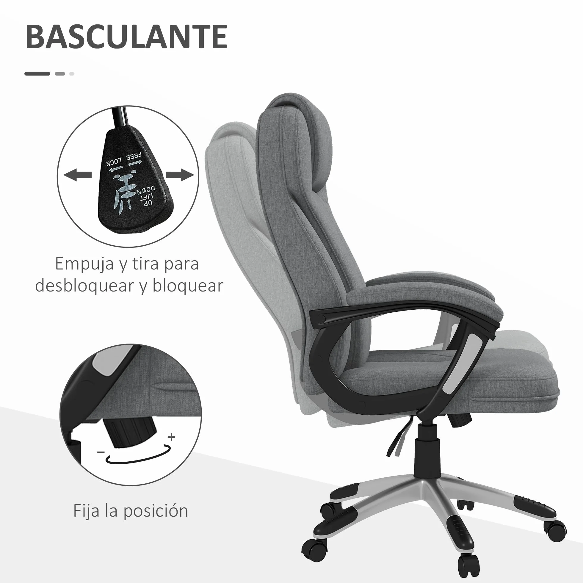 Vinsetto Silla de Oficina Ergonómica Giratoria Tapizada en Tela con Respaldo Alto y Reposabrazos Ajustable 66x75x110-120 cm Gris