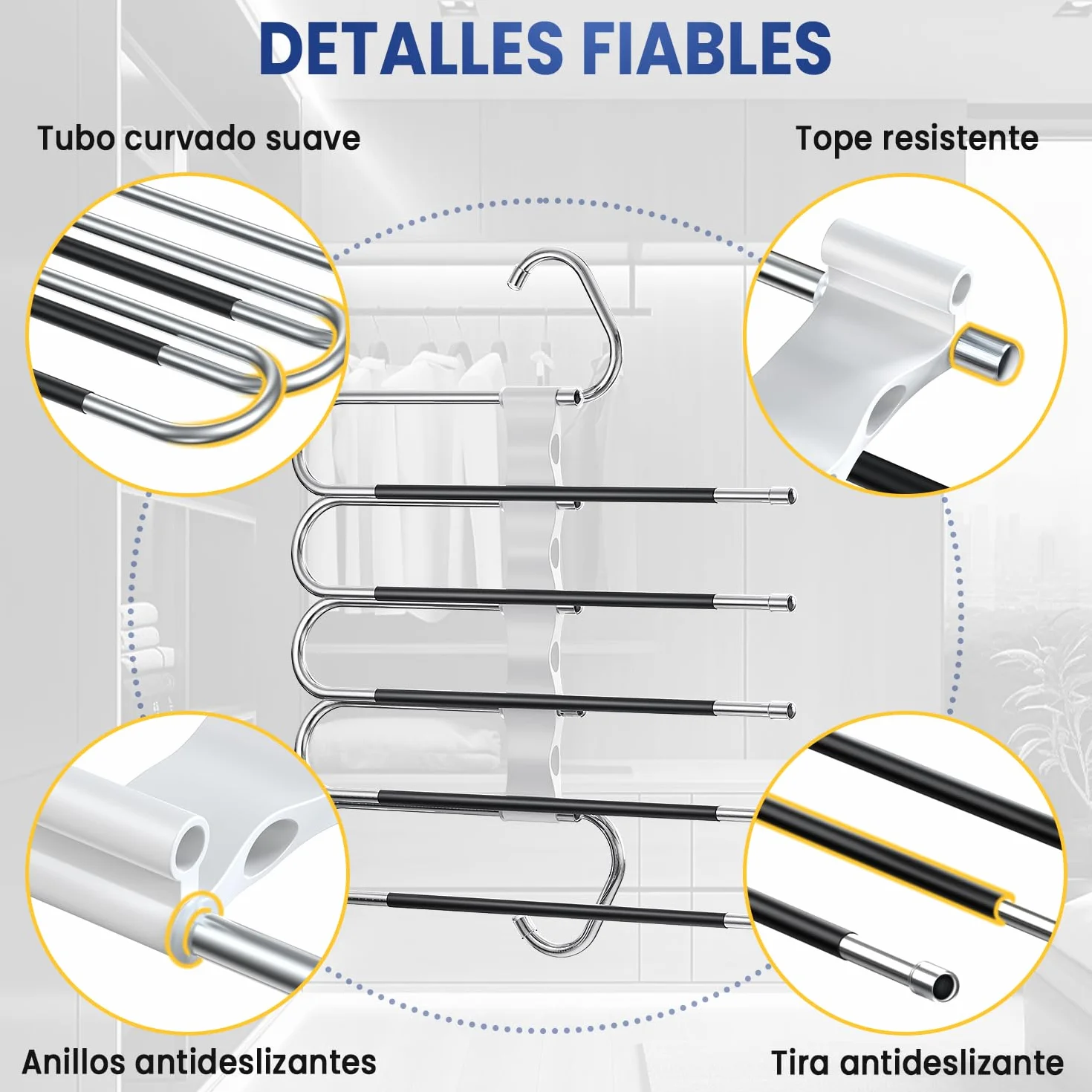 DAMITA Perchas Pantalones 5 en 1 Acero Inoxidable Extensible Antideslizantes 2 Piezas Blanco