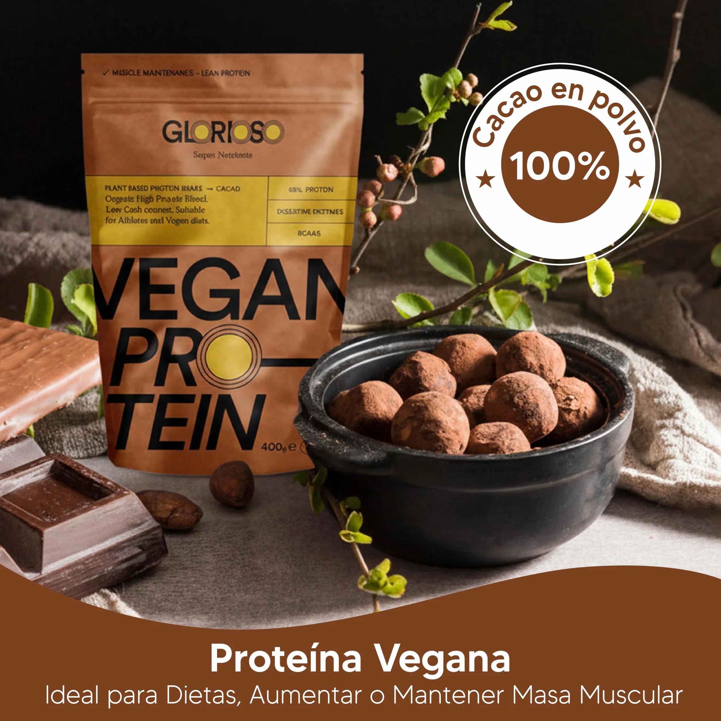 GLORIOSO Proteína Vegana Sin Azúcar Ni Lactosa Sin Gluten DigeZyme® Bajo en Carbohidratos Vegan Protein Powder Chocolate 600g