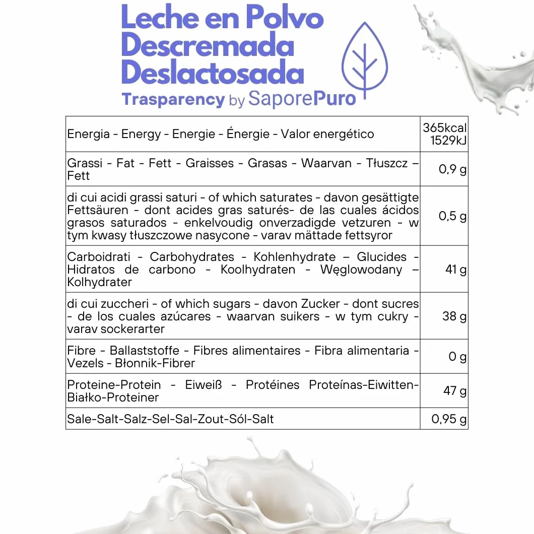 SaporePuro Leche Desnatada en Polvo Sin Lactosa 1 kg – Ideal para Pasteles, Pan y Helados, Uso Profesional e Industrial