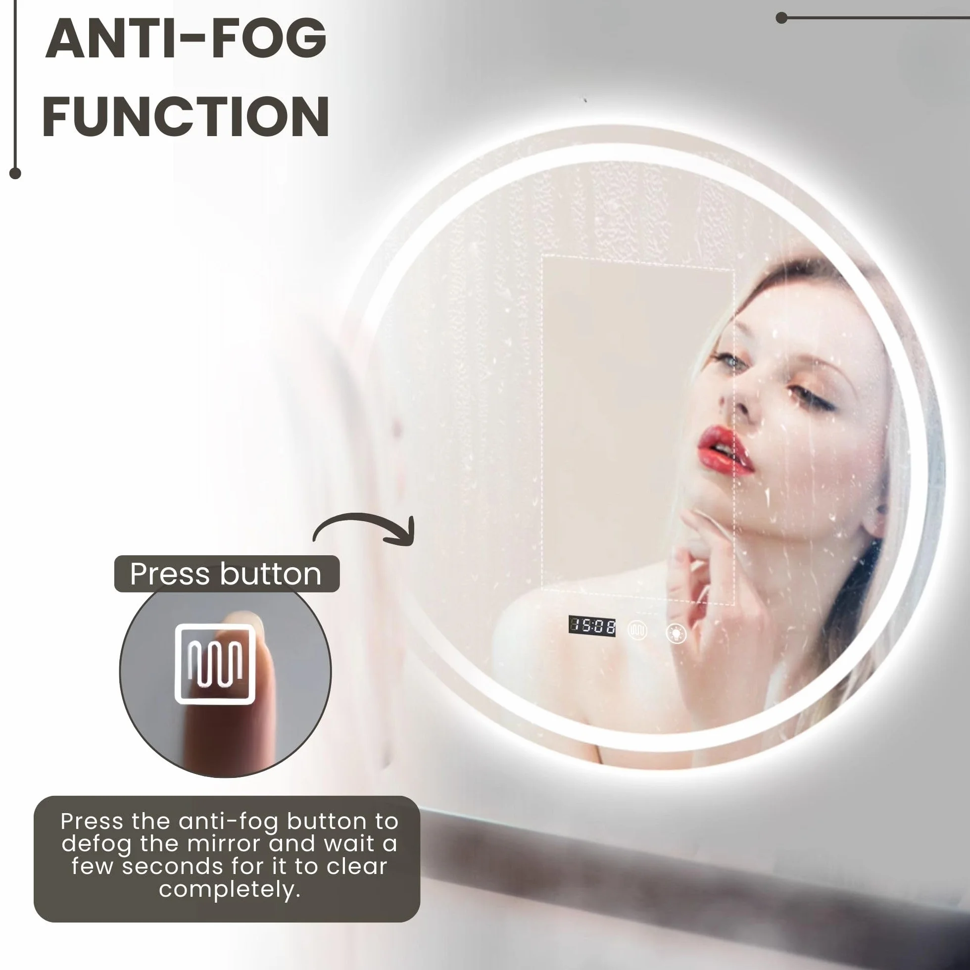 MAGIC SELECT Espejo de Baño con Luz. Espejo Redondo de Pared con Enchufe, 3 Tonos de Color, Ajuste de Brillo y Antivaho, con Indicador de Hora y Temperatura. Ideal para Baño o Tocador (80cm)