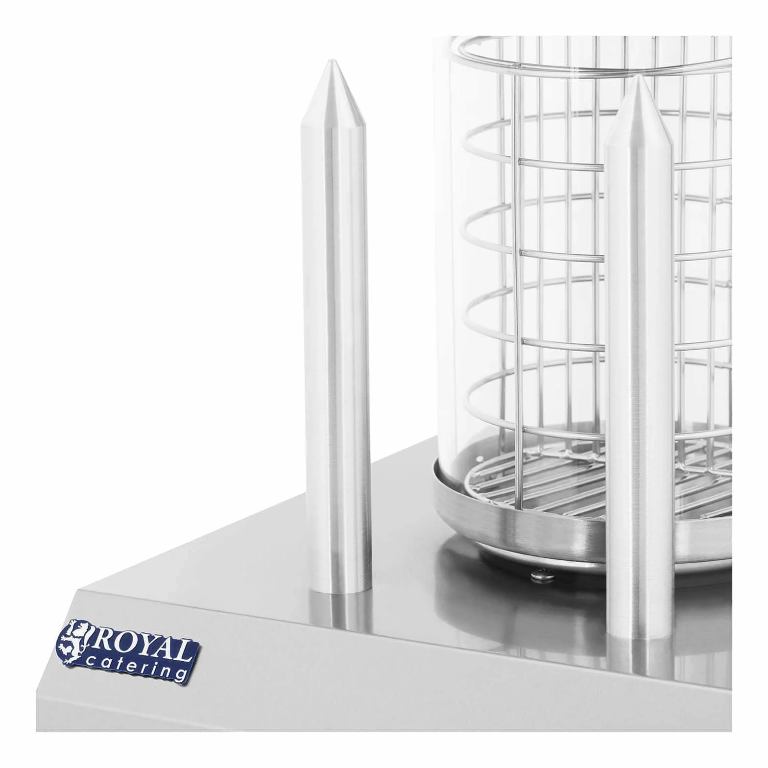 Royal Catering Máquina de Perritos Calientes Hot-Dog Machine con 2 Pinchos RCHW-350-2 (422 W, Temperatura hasta 97 °C, Vidrio templado, Acero inoxidable, Aluminio, 500 ml)