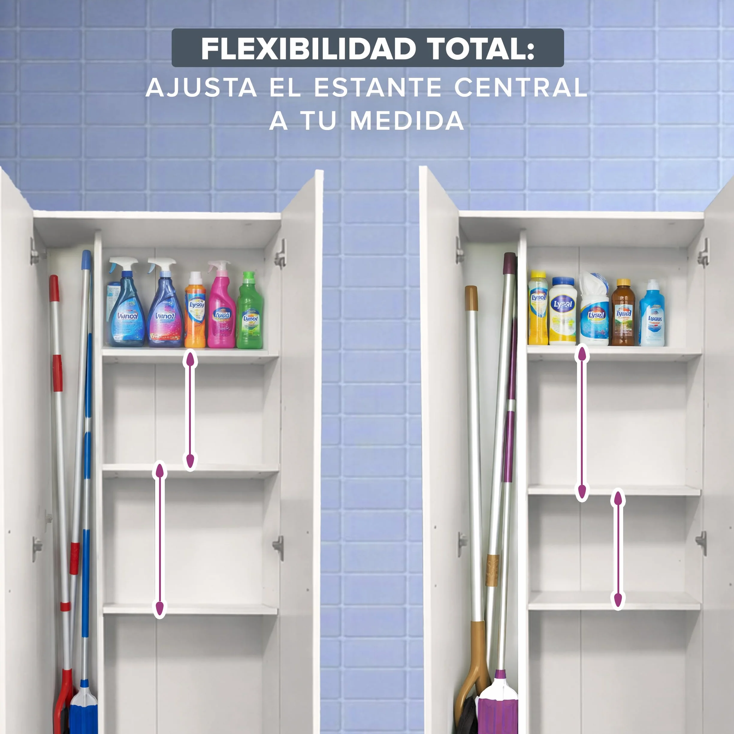 Marctani Armario Escobero Interior Blanco - Mueble Escobero Multiusos con Estante Central Regulable - Capacidad 15kg por Estante - Armario de Limpieza para Despensa o Lavadero