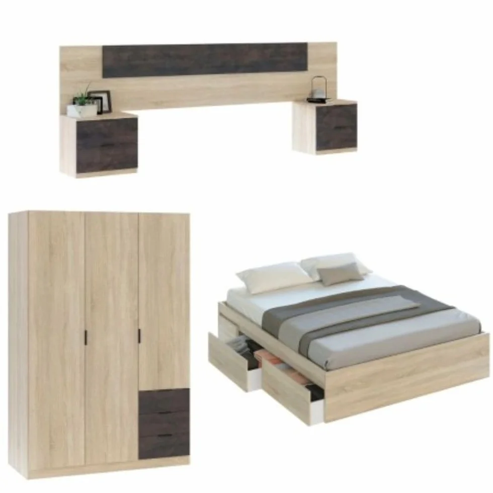 Mobelcenter, Conjunto Dormitorio Matrimonio Oxido, Color Roble Canadian y Oxido, Cabezal para Camas de 135 y 150 cm, 2 Mesitas de 3 cajones, Armario 3 Puertas 3 Cajones y Cama con 4 cajones (P0021)