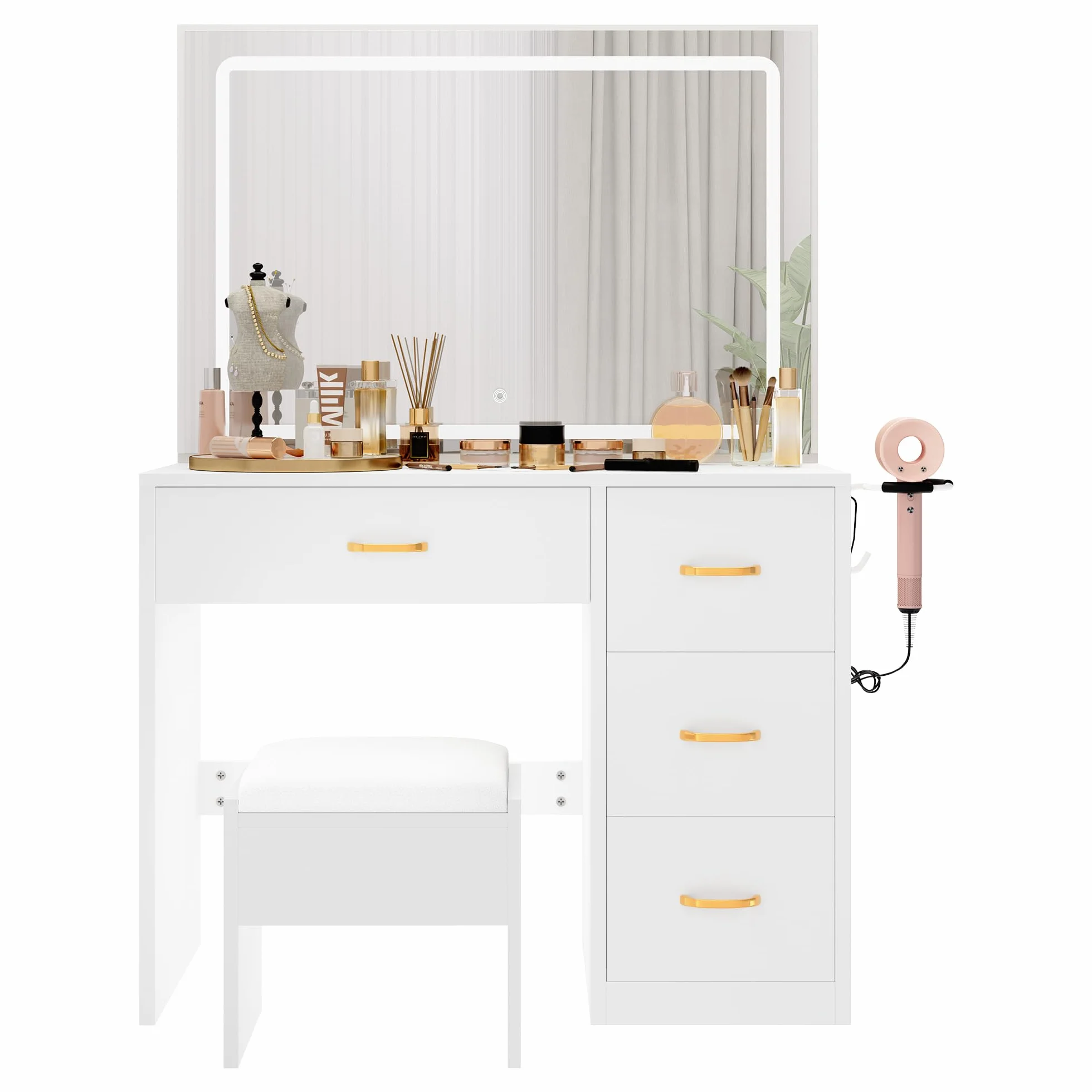 YITAHOME Tocador con iluminación LED Ajustable y tocadores, tocador con Espejo, 4 cajones y Taburete, Blanco