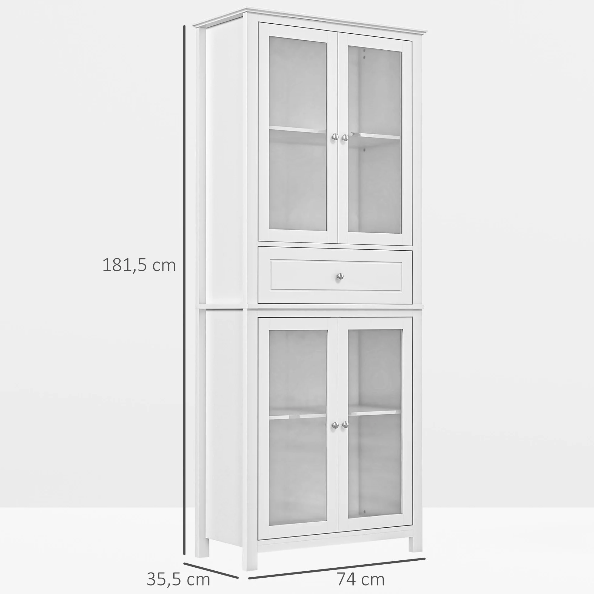 HOMCOM Alacena de Cocina Armario de Cocina con 1 Cajón 2 Estantes Ajustables y 4 Puertas de Vidrio Templado Diseño Clásico para Salón Comedor 74x35,5x181,5 cm Blanco