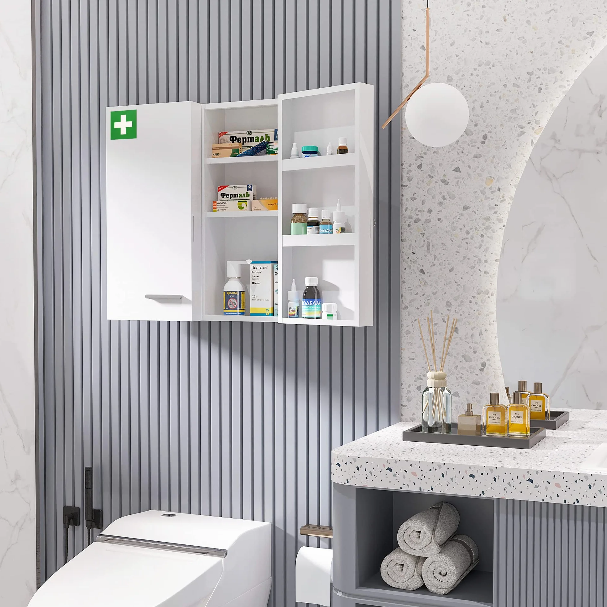 kleankin Botiquín de Pared 3 Niveles Armario Baño Acero 55x18x60 cm Blanco