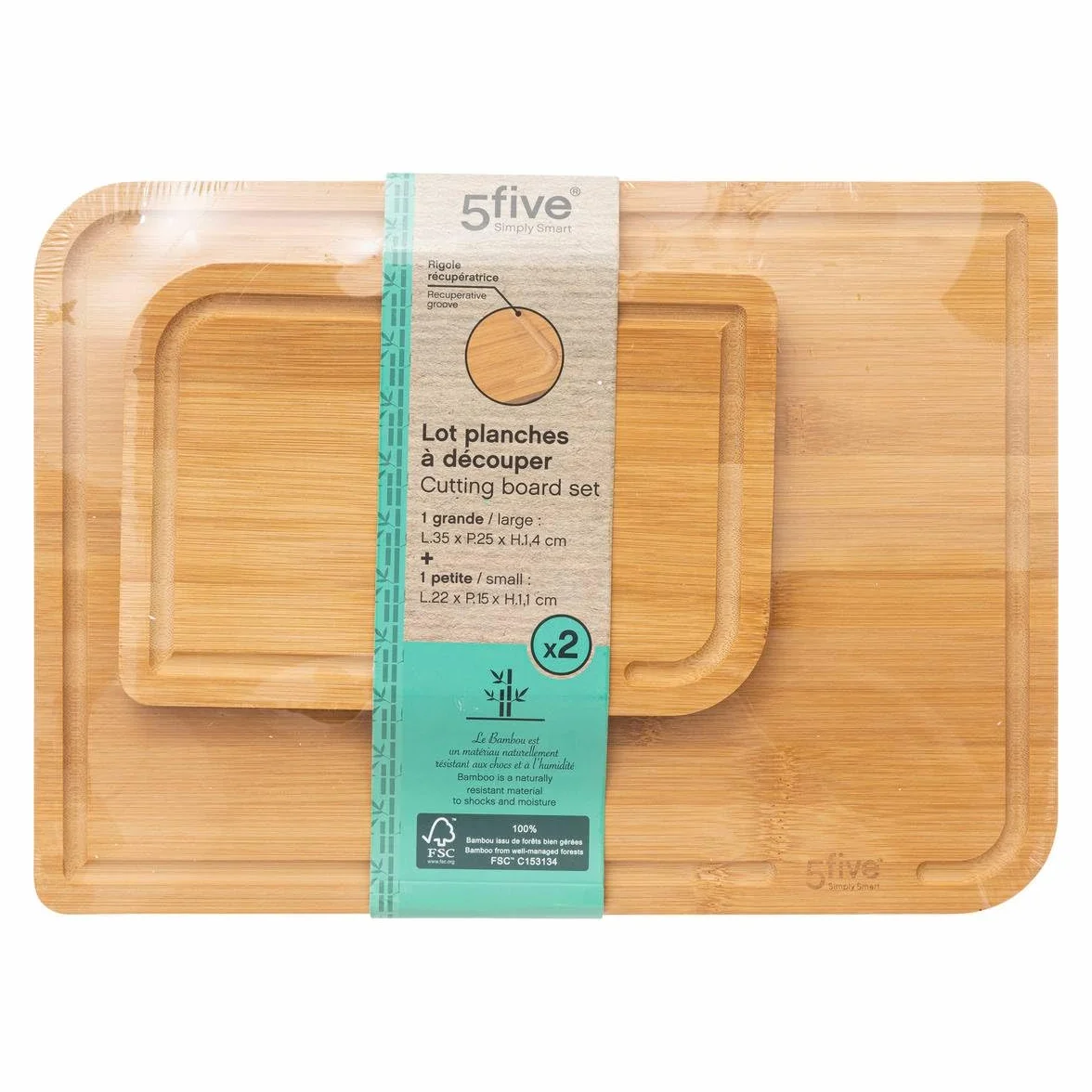Juego de 2 tablas de cortar de bambú 35x25 cm y 22x15 cm con ranura utensilios de cocina