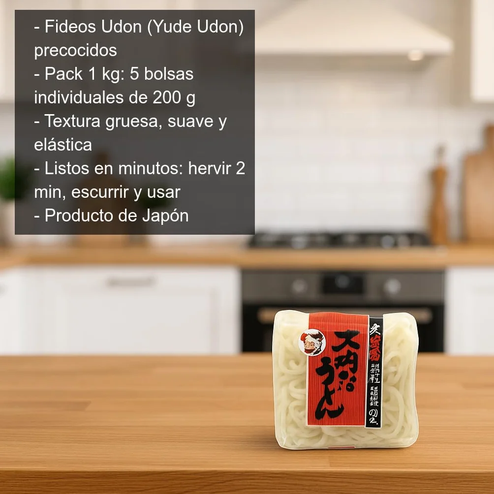 Fideos Udon Precocidos Japoneses 1 kg 5x200 g Textura Gruesa y Elástica para Sopas y Salteados