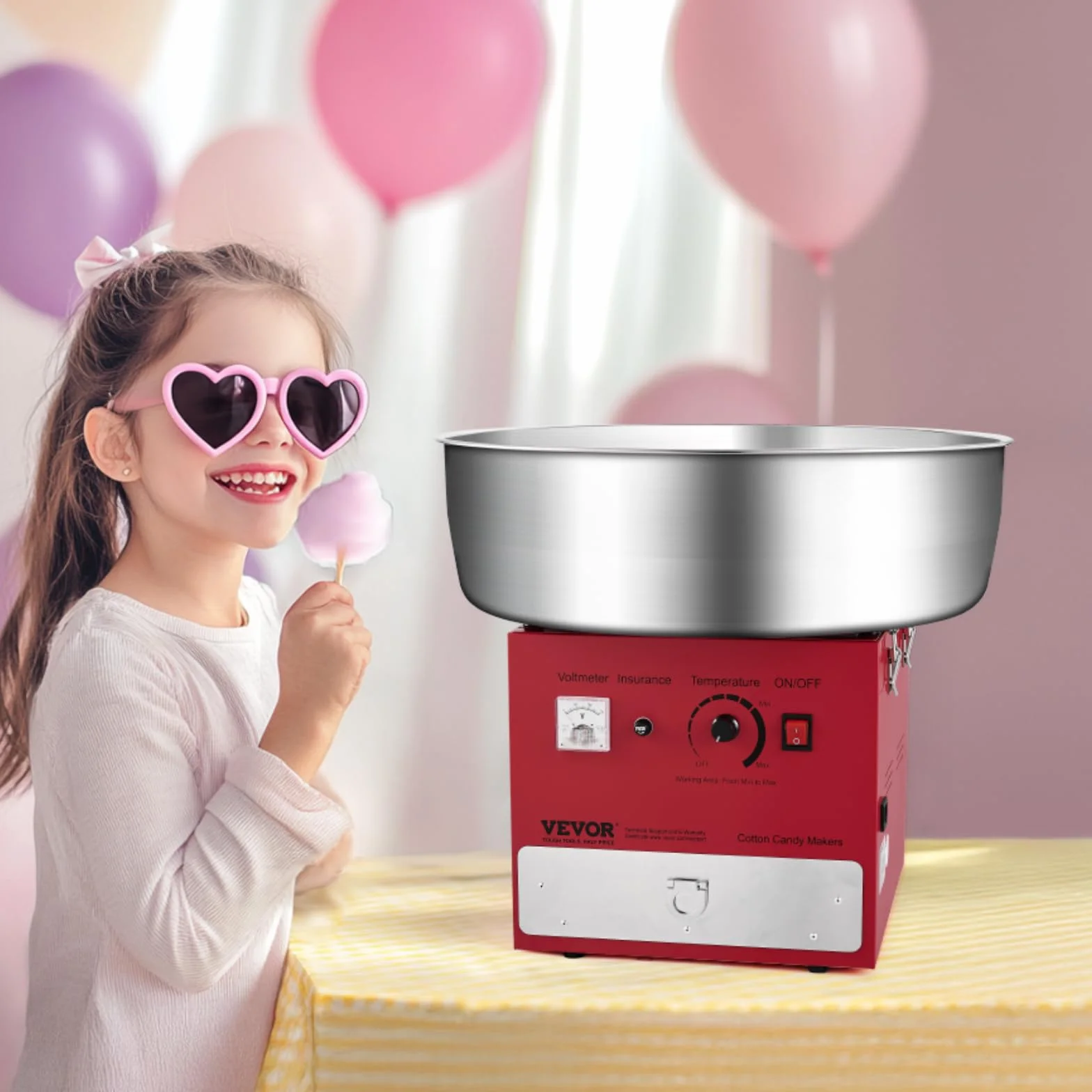 VEVOR Máquina Eléctrica para Hacer Algodón de Azúcar, 1000 W, con Recipiente Acero Inoxidable de 52 cm, Cuchara para Azúcar y Cajón, para Cumpleaños y Fiestas Familiares, Rojo, 520 x 520 x 447 mm