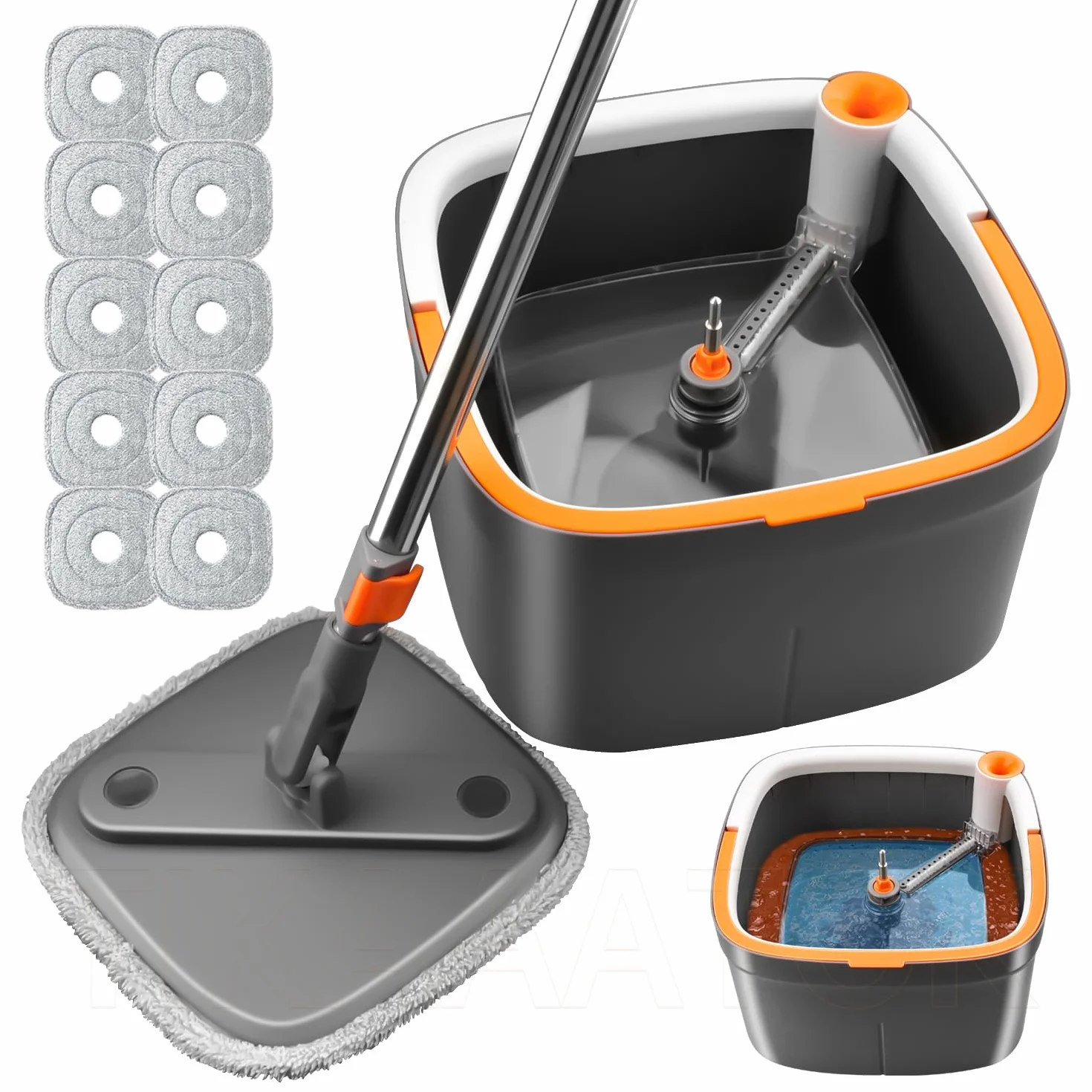 Juego de fregona giratoria y cubo con sistema de agua sucia y limpia de autoseparación, juego de fregona con cabezal de fregona giratorio de 360° para suelos de madera dura, mármol (gris oscuro, 10