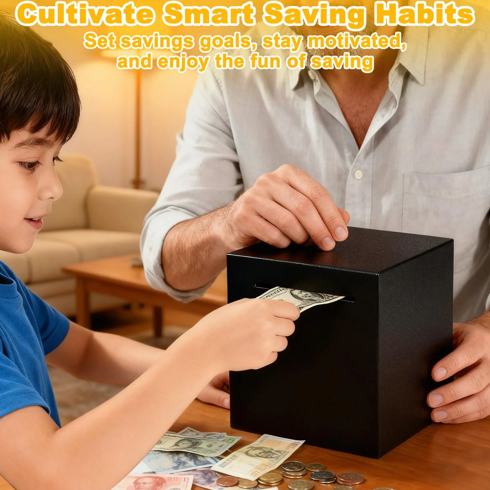 Hucha Ahorro Negra Acero Inoxidable, Huchas Adultos Monedas y Billetes Práctico No Se Puede Abrir 12x12cm, Caja Seguridad Sellado Dinero Fuerte Real Debe Romperse para Abrir para Adulto y Niños