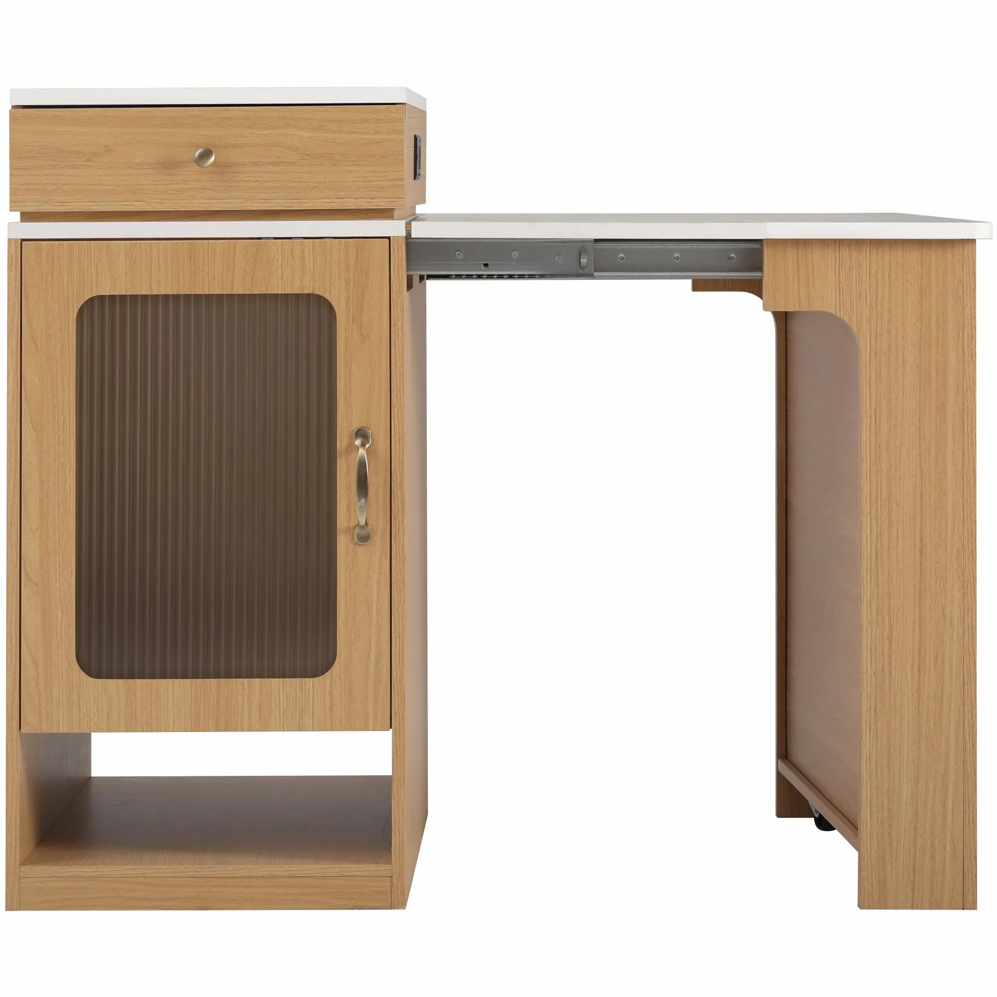 Kebnor Isla de Cocina con Ruedas, Mesa de Comedor Extensible con Tablero Desmontable, Mesa de Bar con Regletas de Enchufes, Sirve como Aparador o Alacena para Cocina y Sala